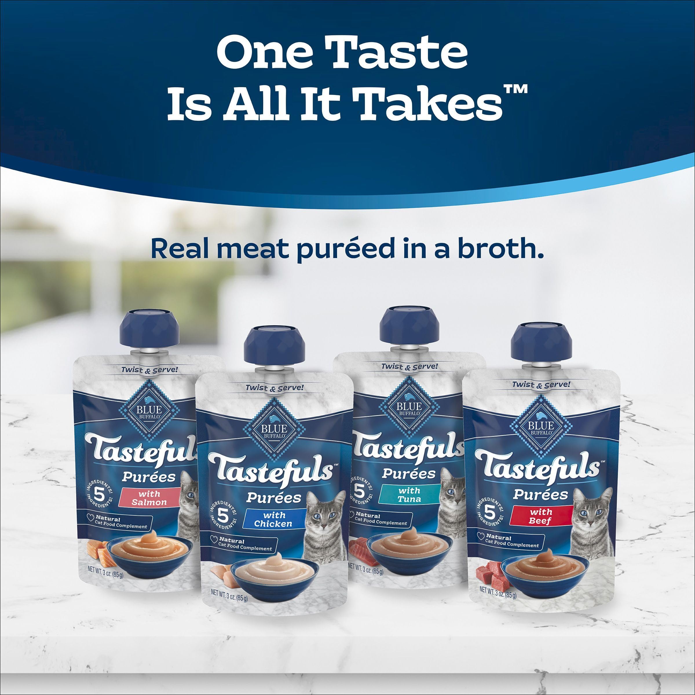 Blue Buffalo Tastefuls Purees Beef 3oz pouch delivers meaty richness as a topper