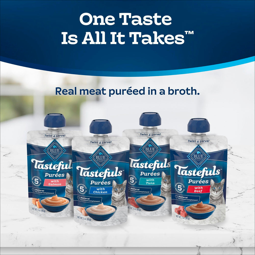 Blue Buffalo Tastefuls Purees Beef 3oz pouch delivers meaty richness as a topper