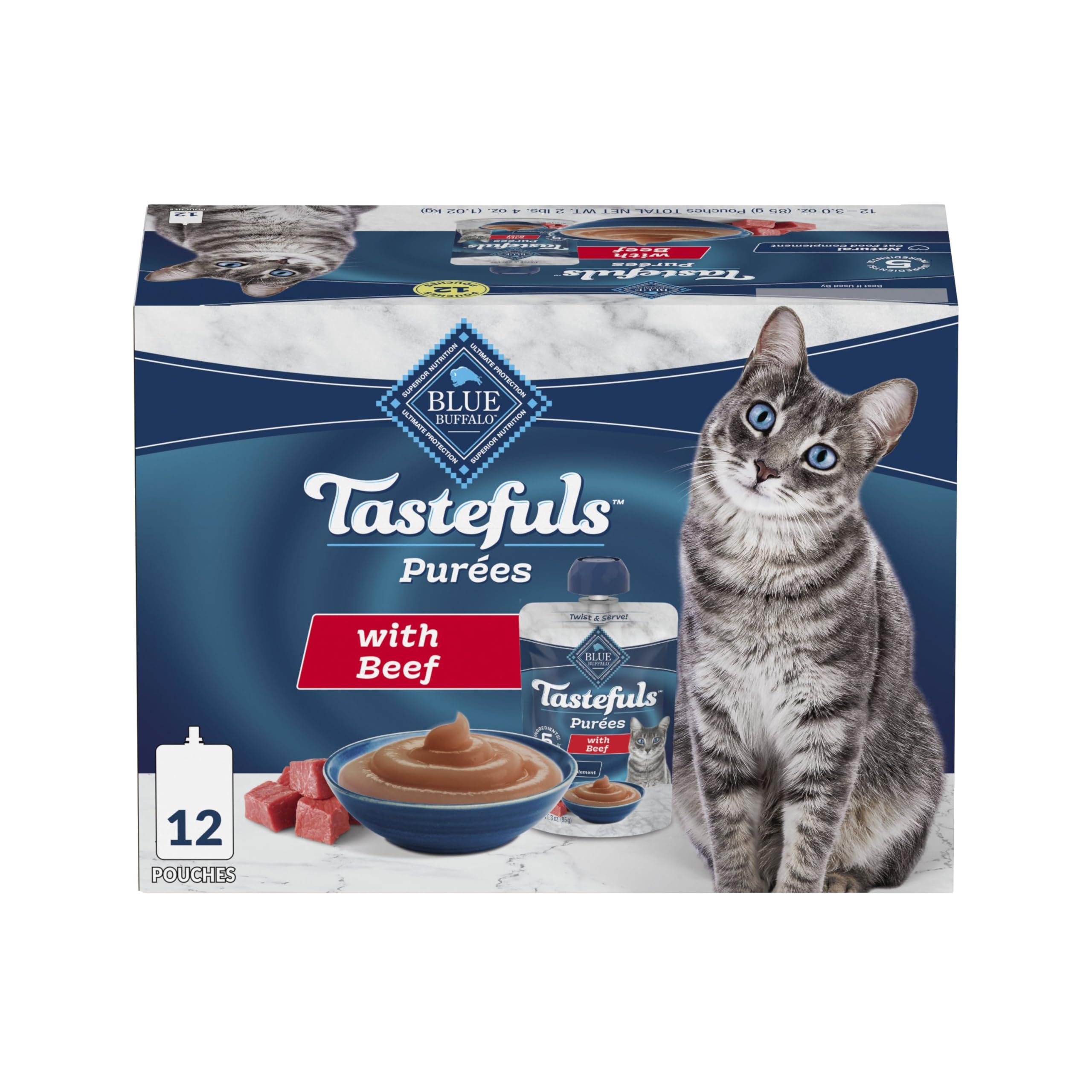 Blue Buffalo Tastefuls Purées beef packaging for easy servings