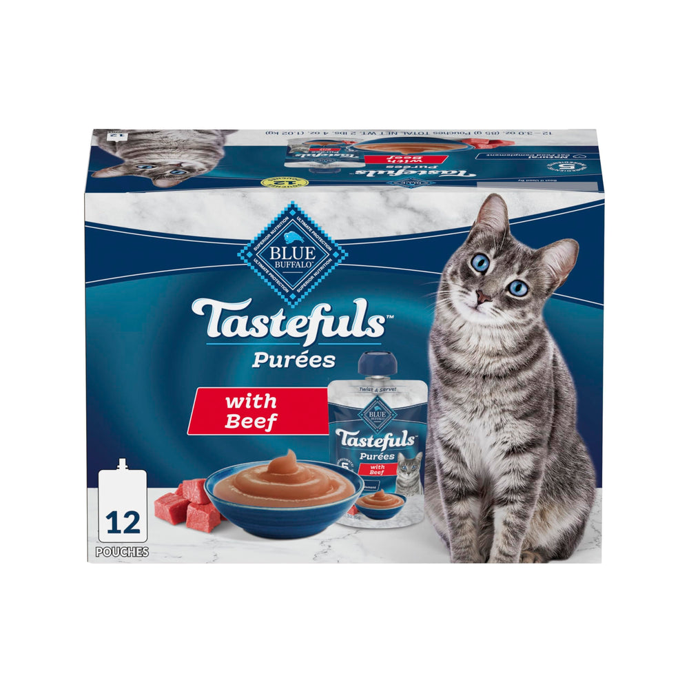 Blue Buffalo Tastefuls Purées beef packaging for easy servings