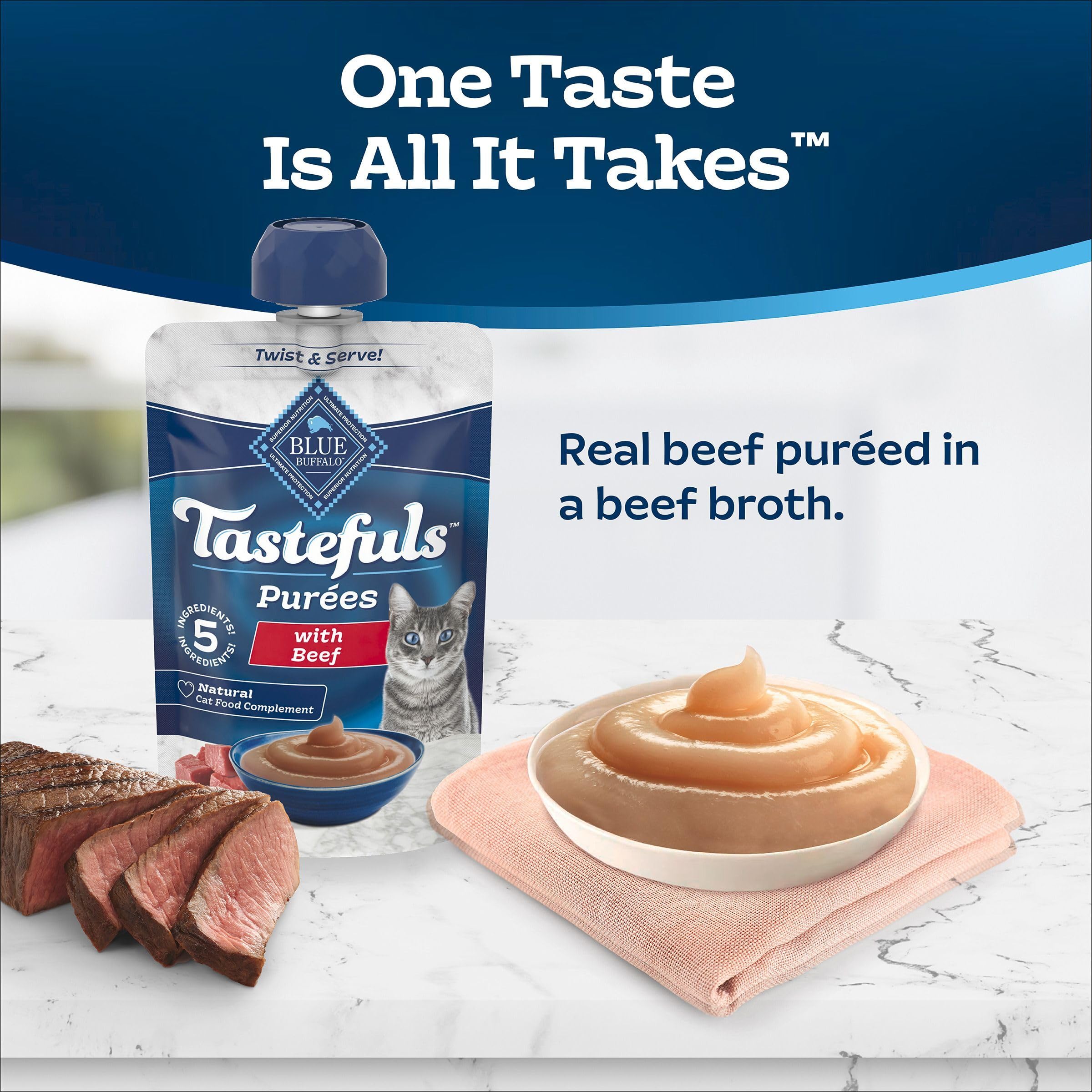 Blue Buffalo Tastefuls Purées beef shows silky texture ideal as a meal topper