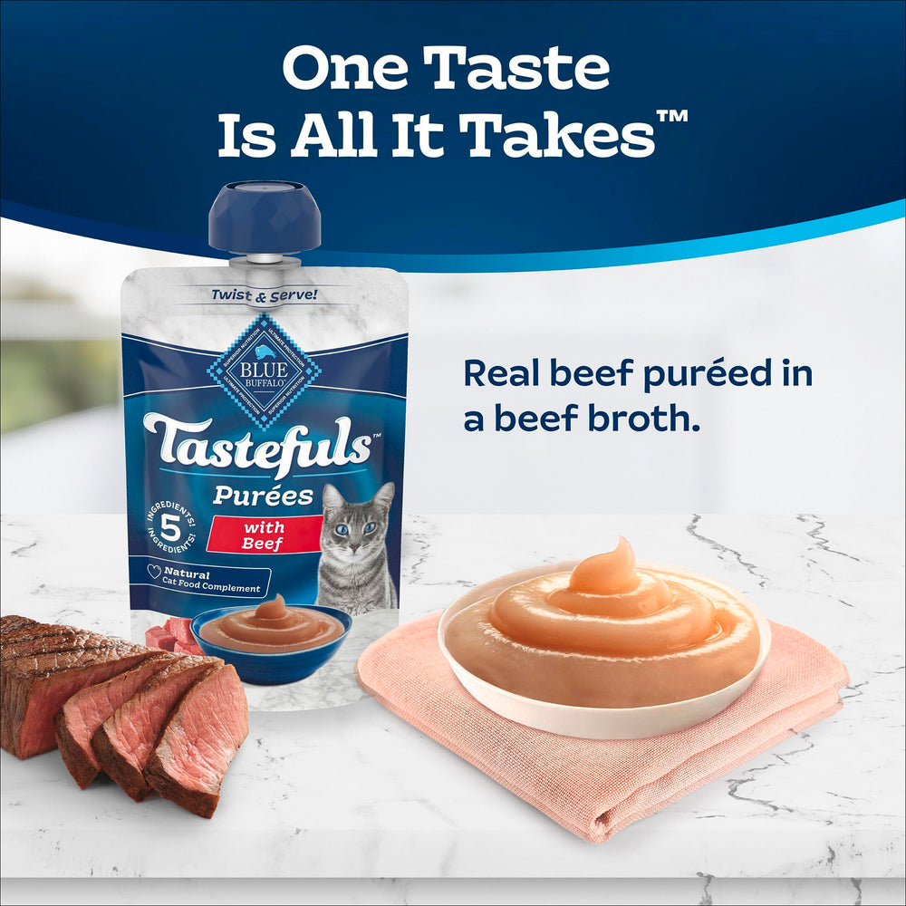 Blue Buffalo Tastefuls Purées beef shows silky texture ideal as a meal topper