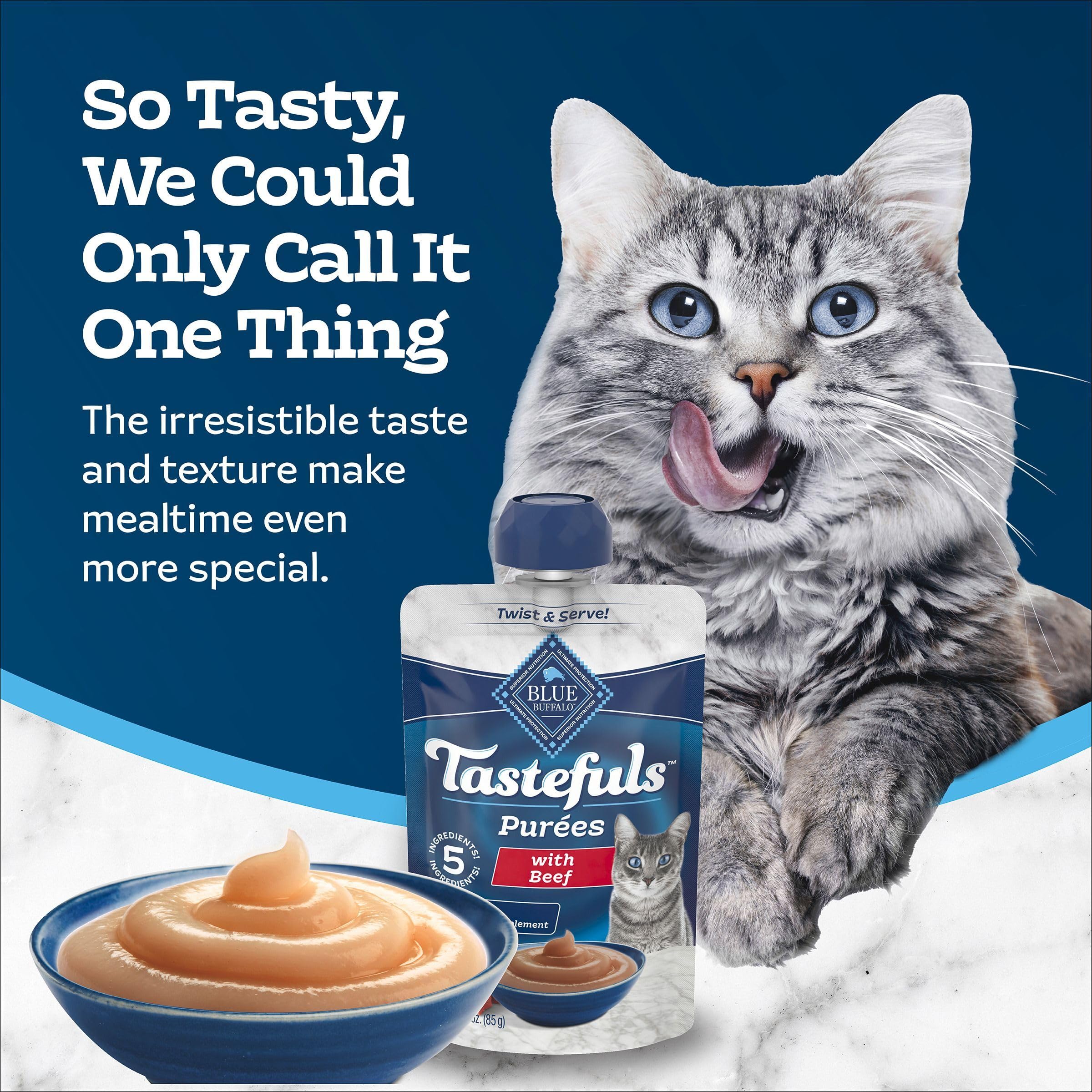 Blue Buffalo Tastefuls Purées beef serves as topper or snack for hydration