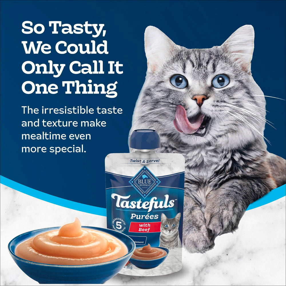 Blue Buffalo Tastefuls Purées beef serves as topper or snack for hydration