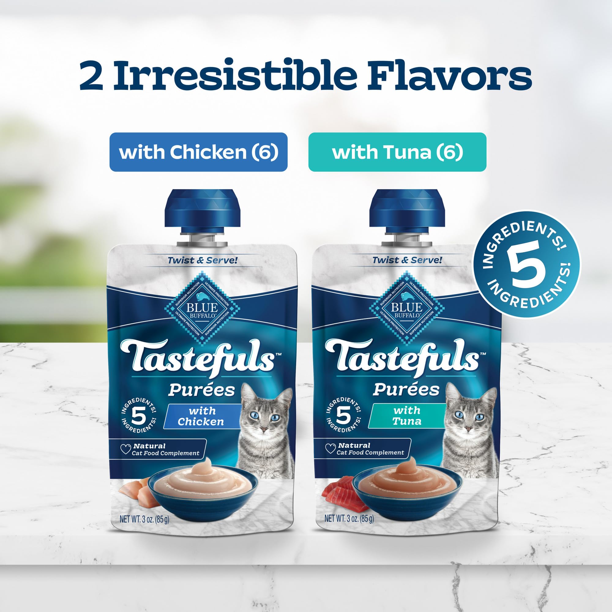 Blue Buffalo Tastefuls Purées chicken pouch highlighting real chicken flavor.