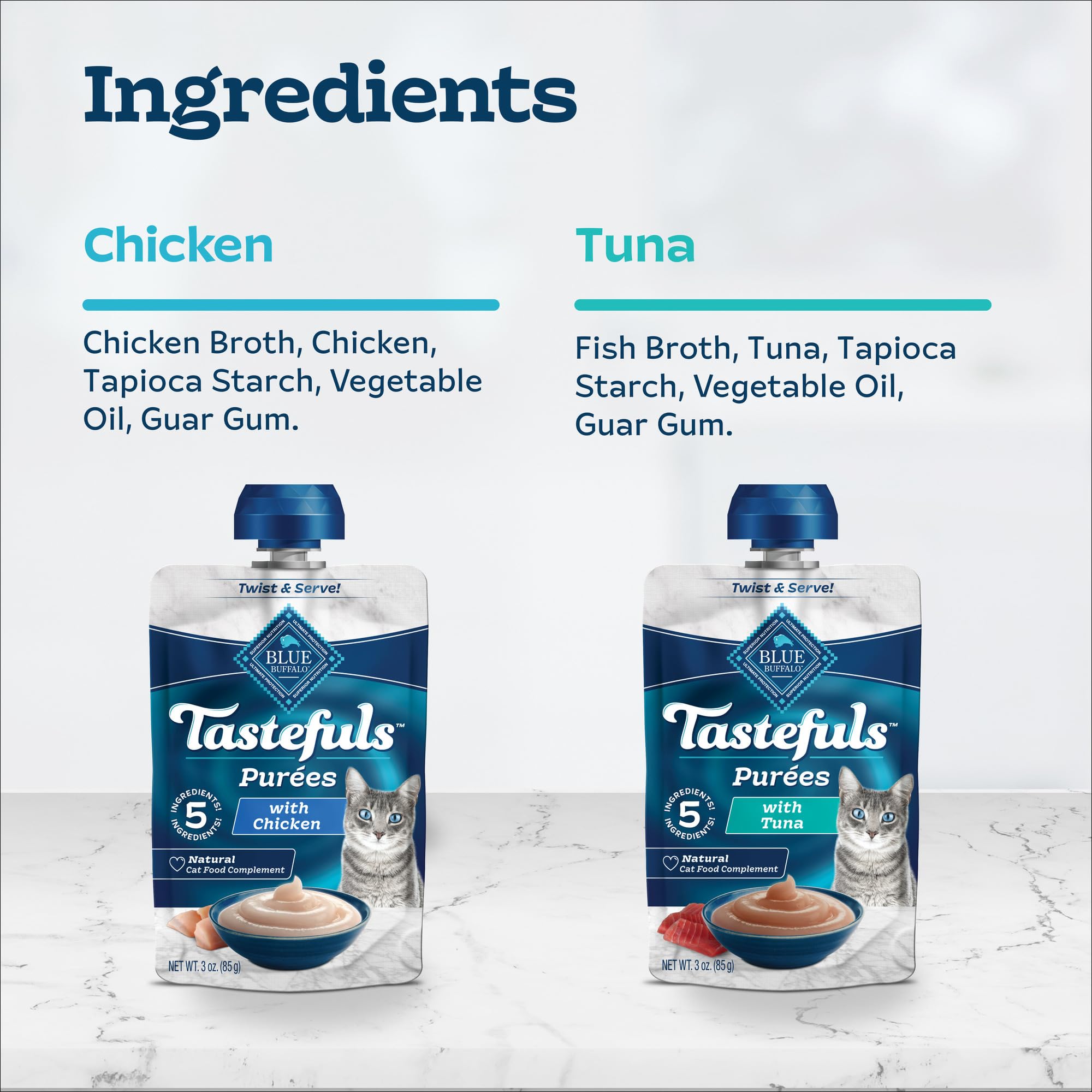 Blue Buffalo Tastefuls Purées five-ingredient formula for simple nutrition.