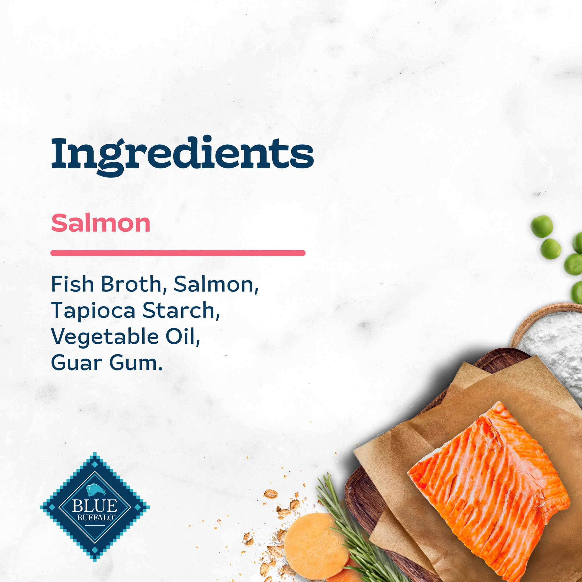 Five ingredient list featuring real salmon in Tastefuls Purées Salmon