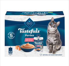 Blue Buffalo Tastefuls Purées Salmon pouch closeup with reseal feature for leftovers