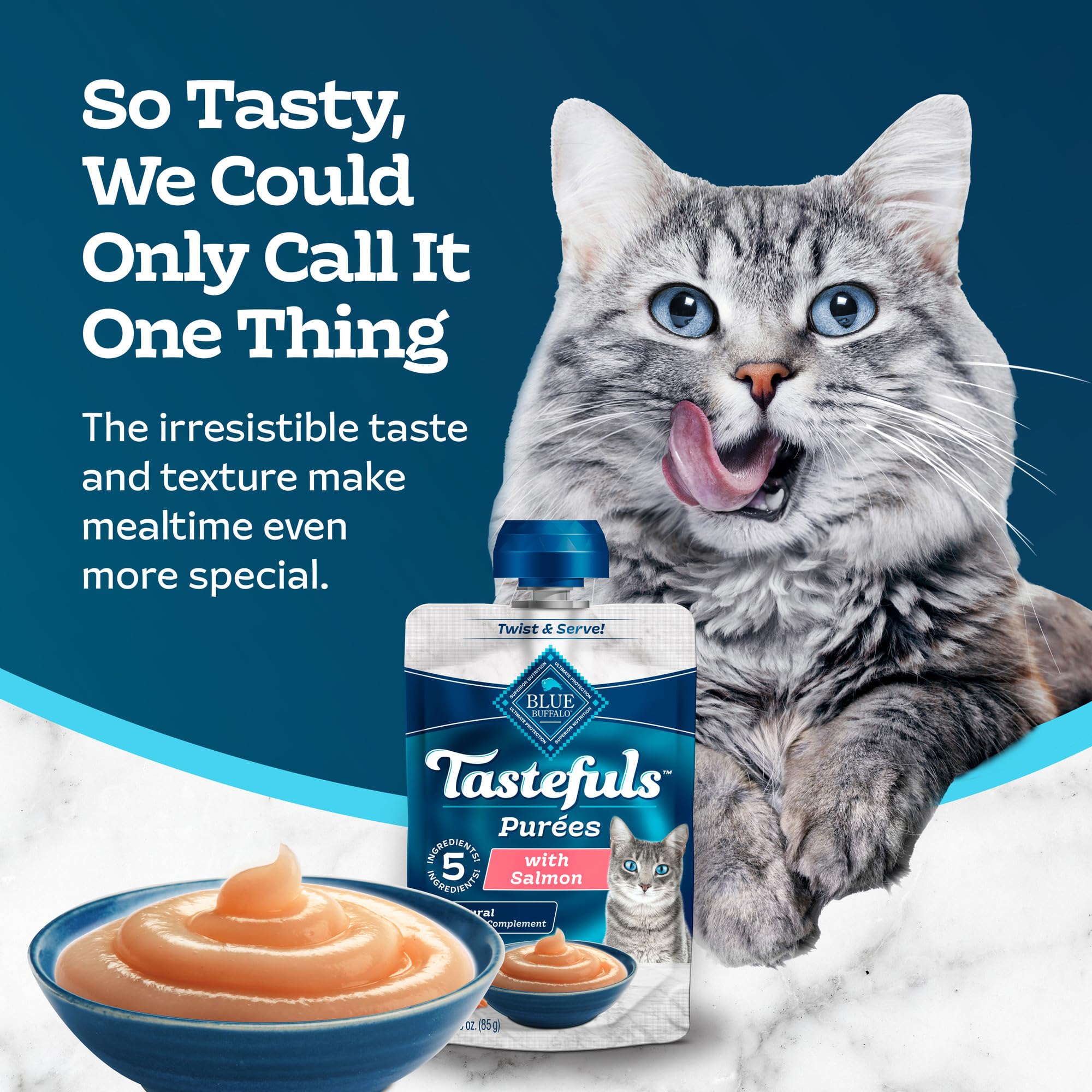 Cat enjoying Tastefuls Purées Salmon snack