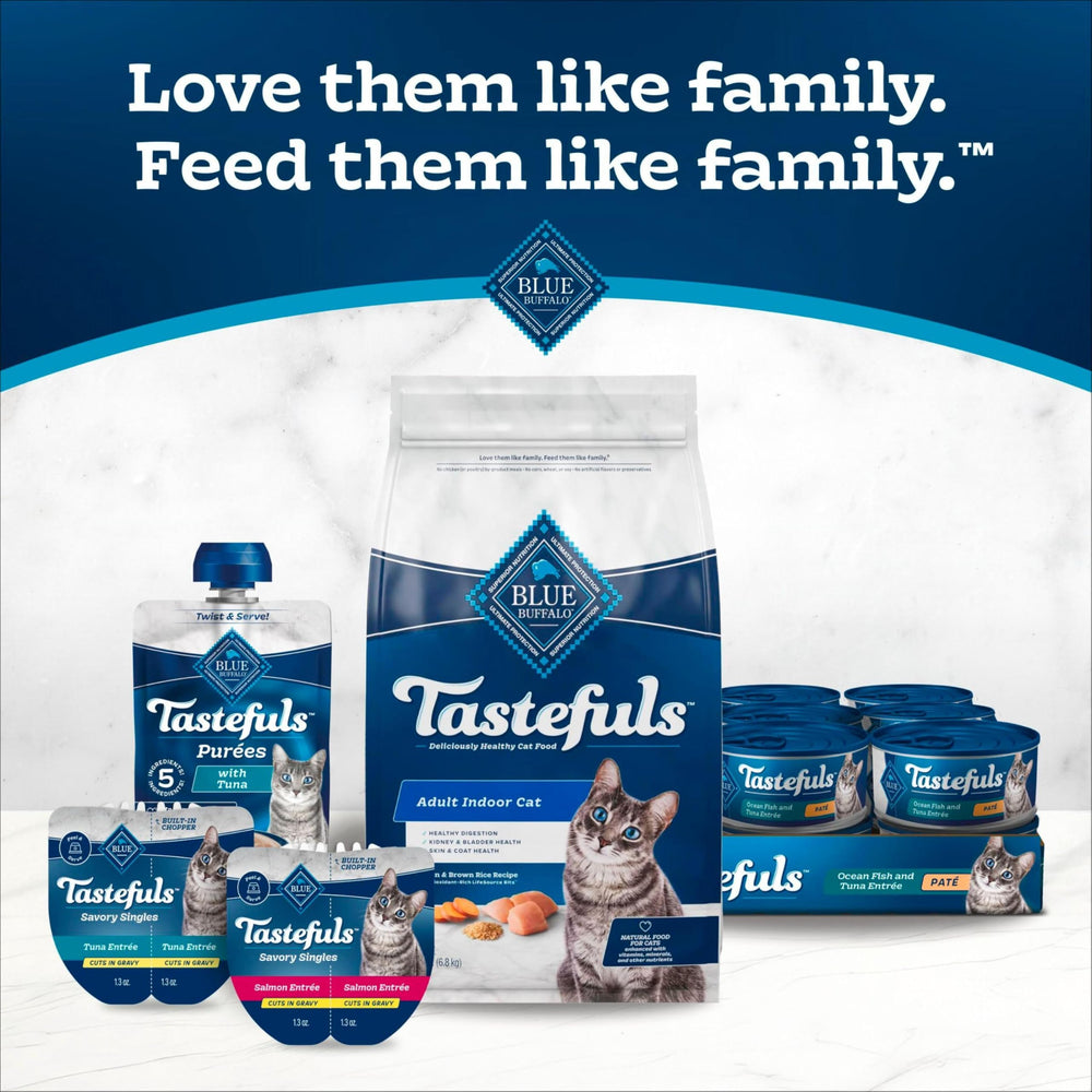 Blue Buffalo Tastefuls Purées with Tuna no corn wheat or soy shown