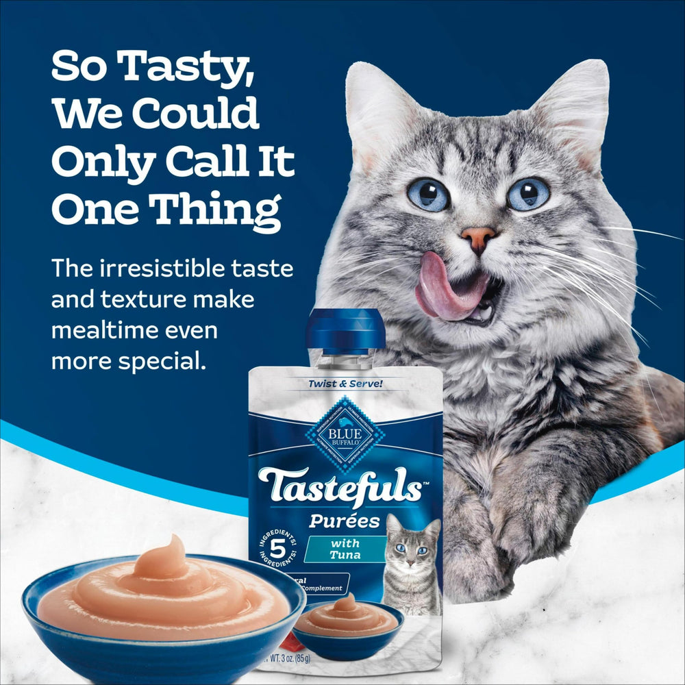 Blue Buffalo Tastefuls Purées with Tuna ingredients highlighted and tuna focus