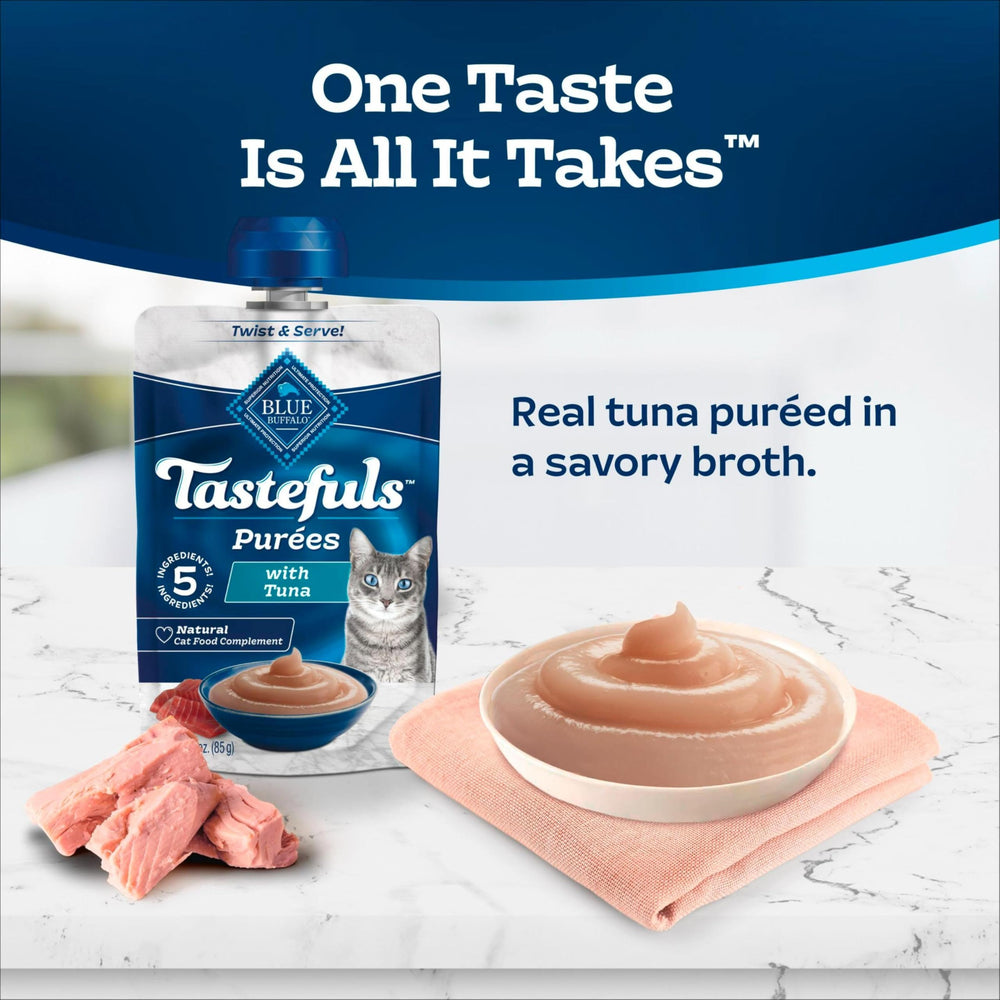 Blue Buffalo Tastefuls Purées with Tuna pouch in fridge ready for later snacking
