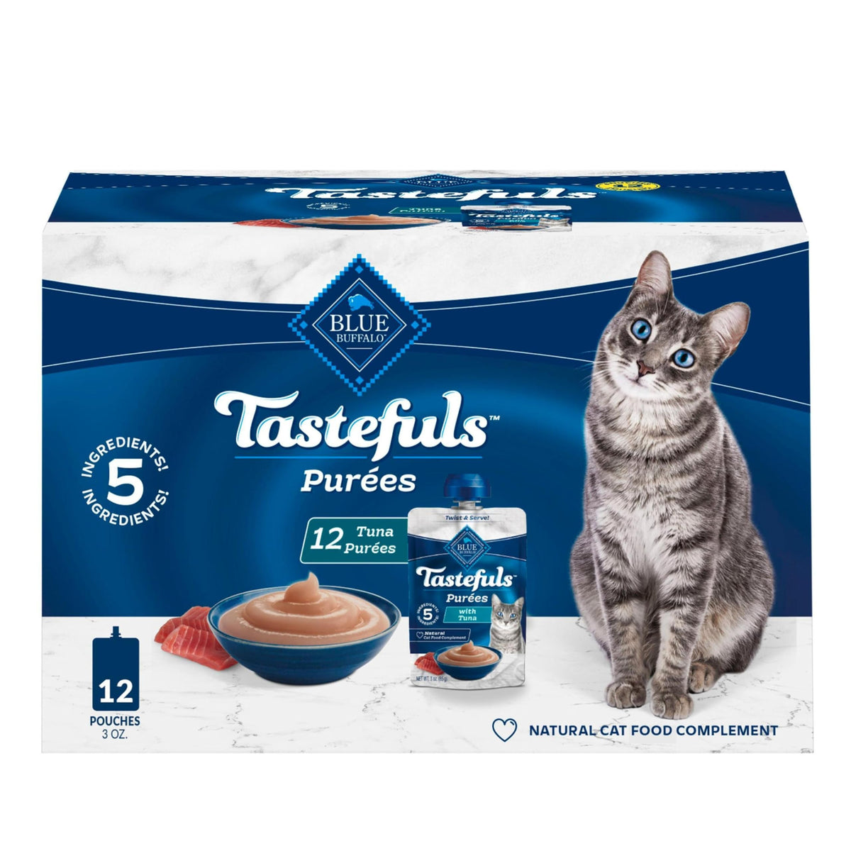 Blue Buffalo Tastefuls Purées with Tuna served over cat food for flavor boost