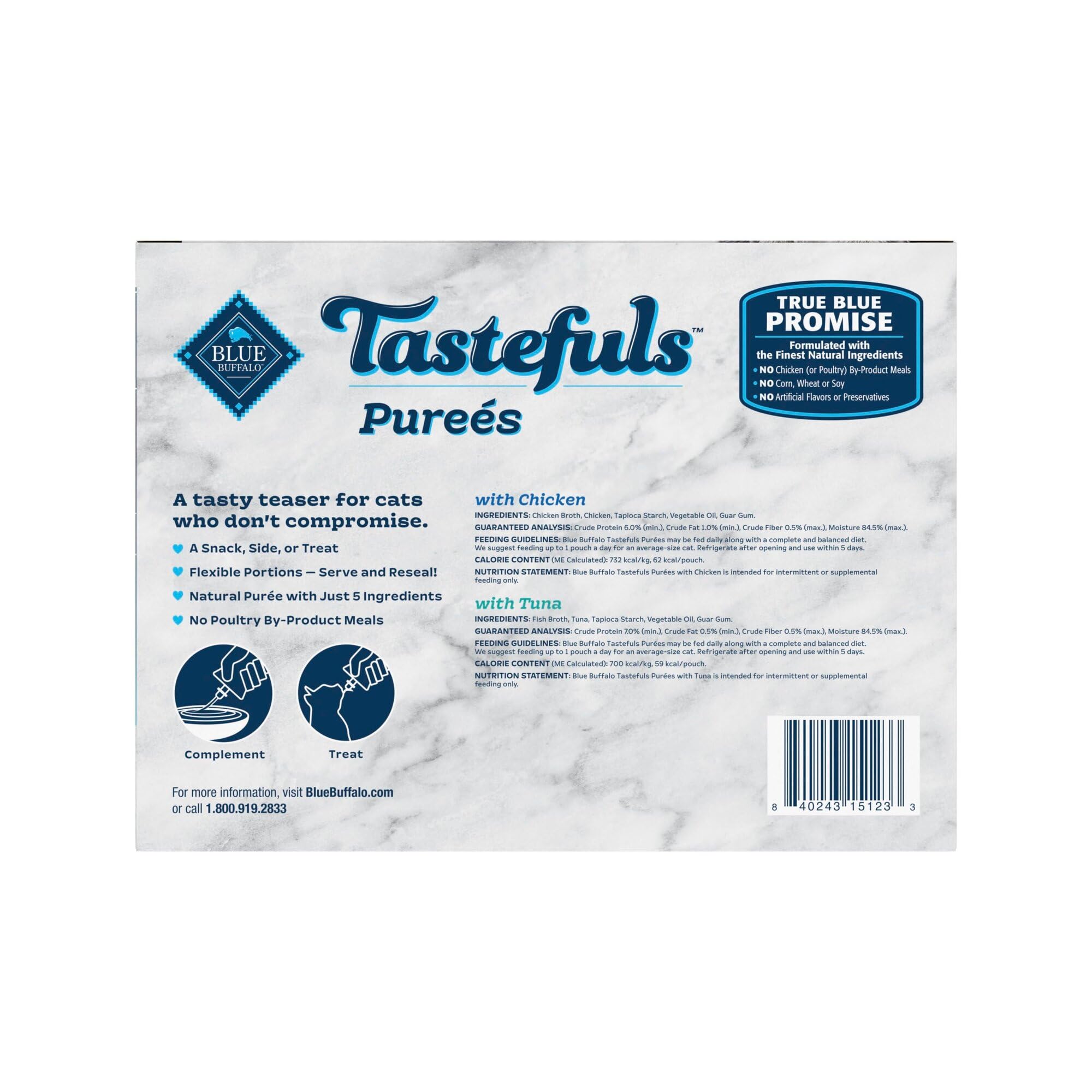 Blue Buffalo Tastefuls Purées twist-cap pouch for easy portioning and storage.