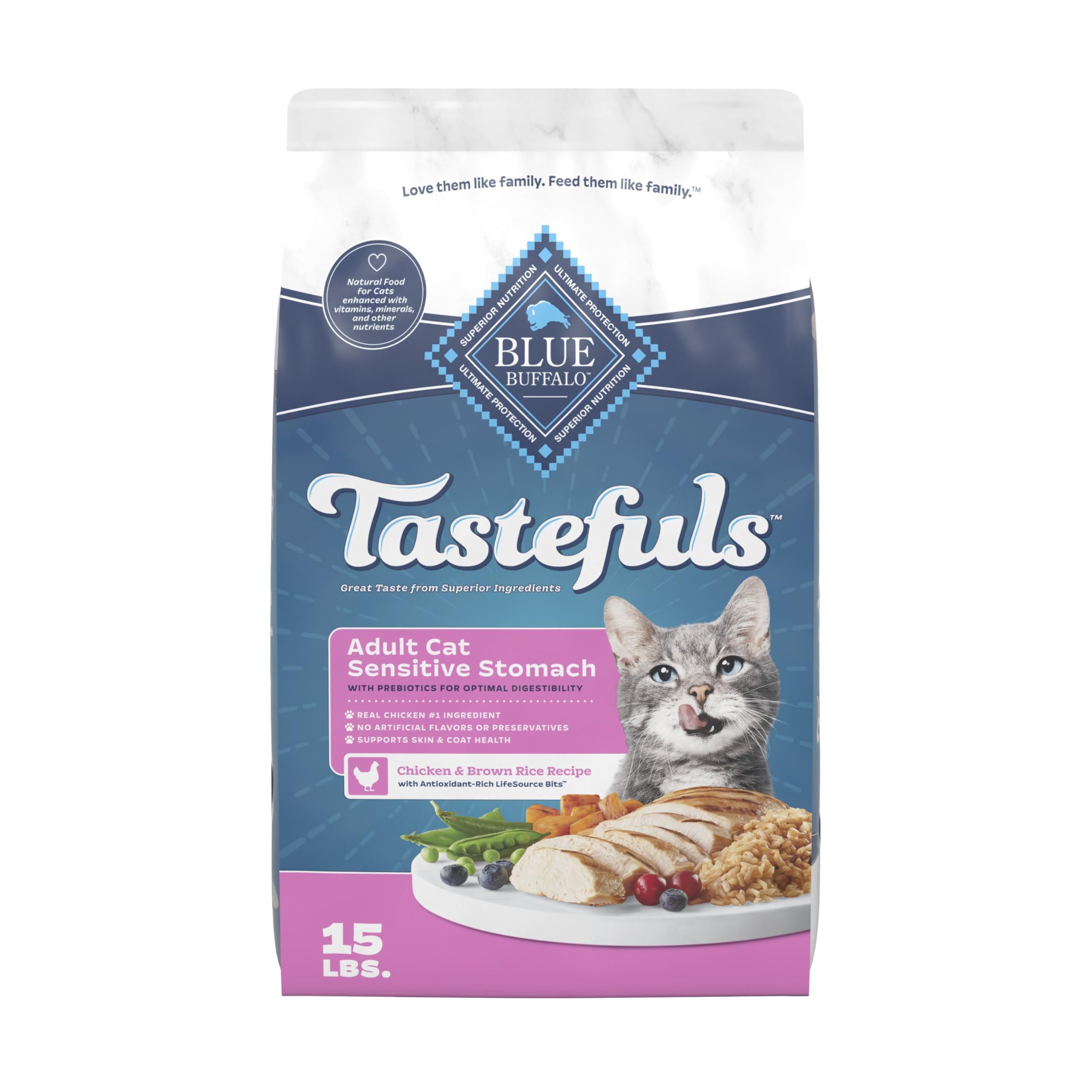 Blue Buffalo Tastefuls with real chicken first ingredient promotes tasty meals