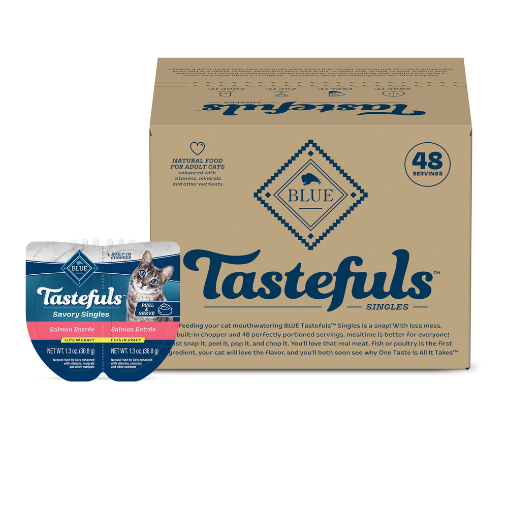 Blue Buffalo Tastefuls Salmon in Gravy cups offer convenient single-serve meals.