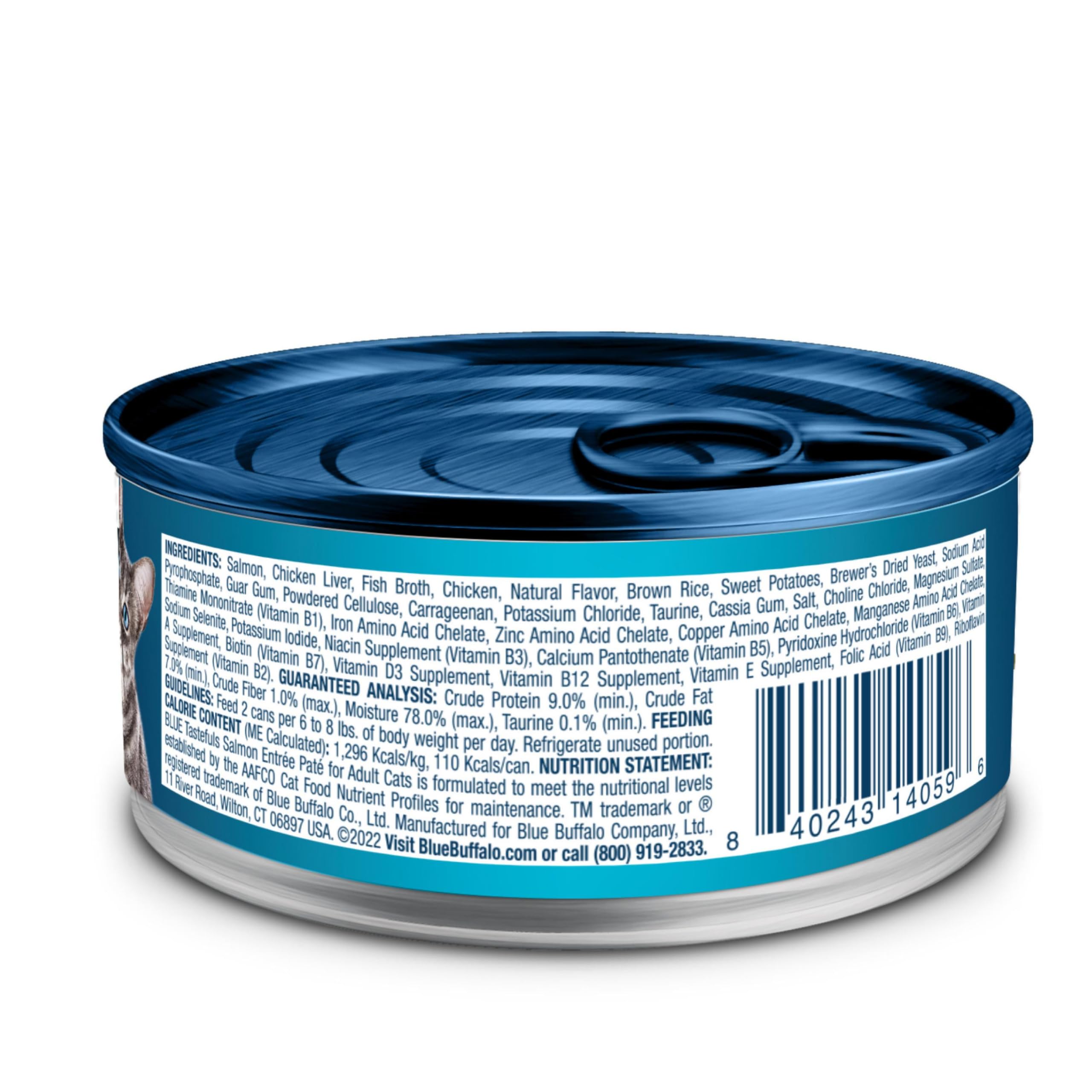 Blue Buffalo Tastefuls Salmon Entrée can with label visible and natural ingredients