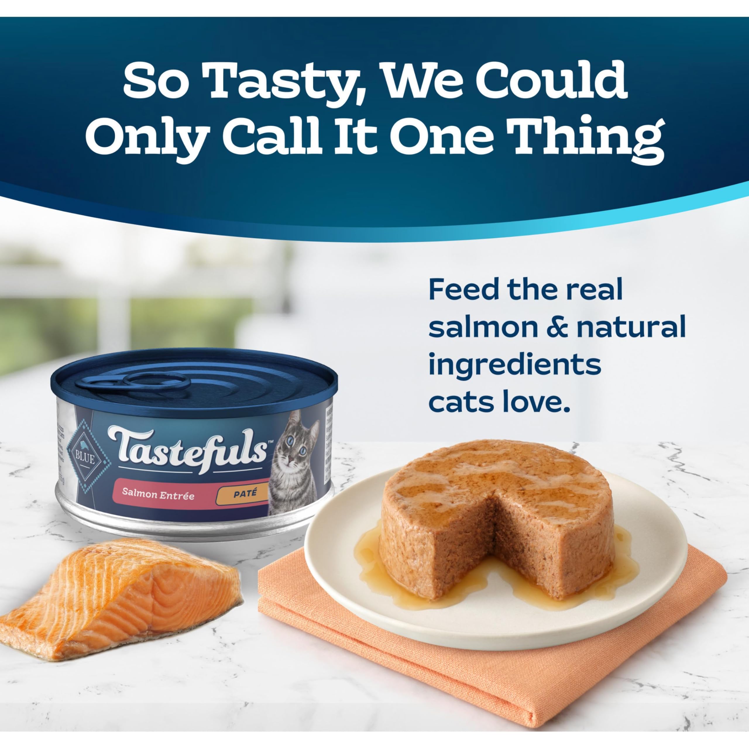 Blue Buffalo Tastefuls Salmon Entree label close-up emphasizing natural ingredients and absence of fillers.