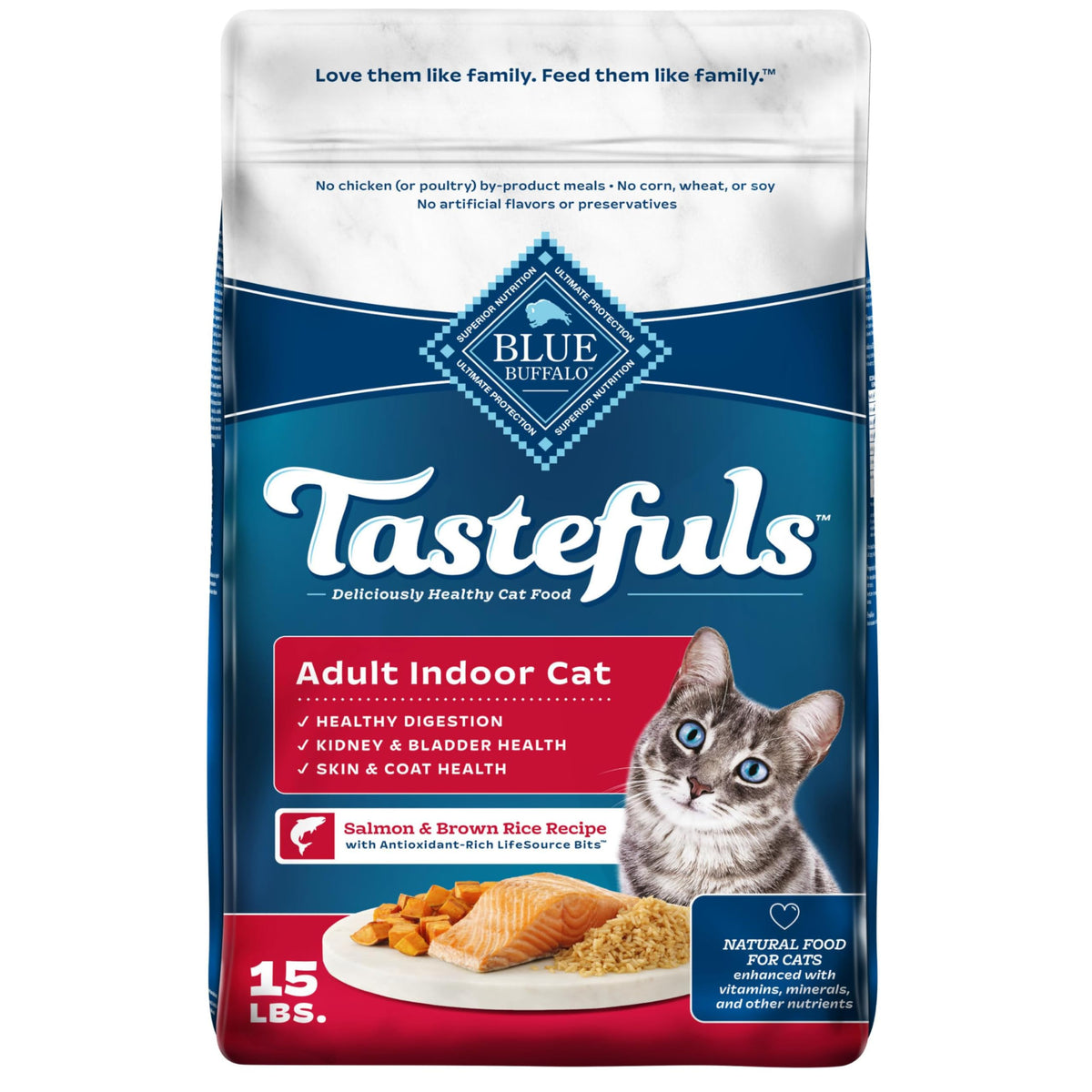 Blue Buffalo Tastefuls salmon-first ingredient supports indoor adult cats' meals