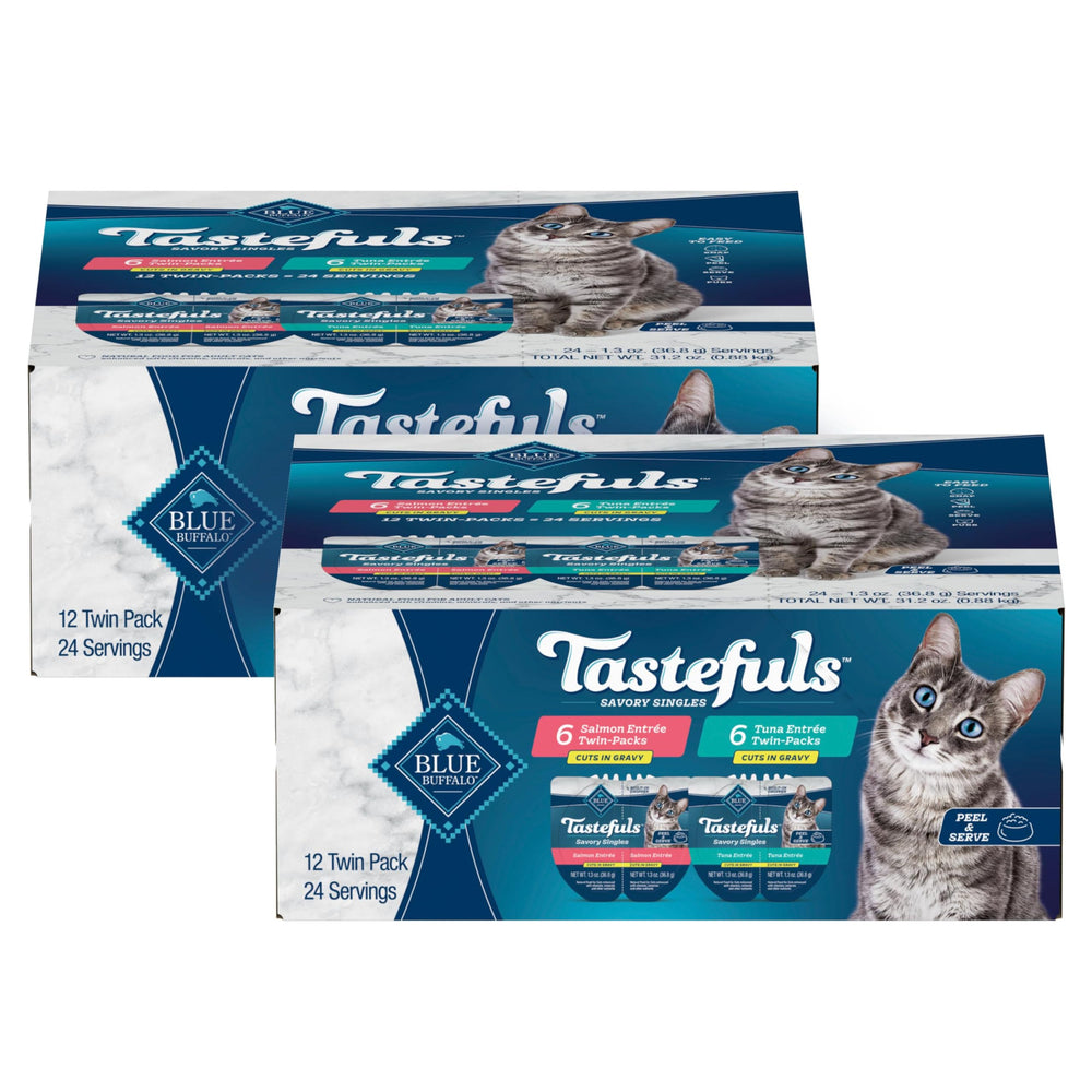 Blue Buffalo Tastefuls salmon in gravy tray supports hydration with real fish first.