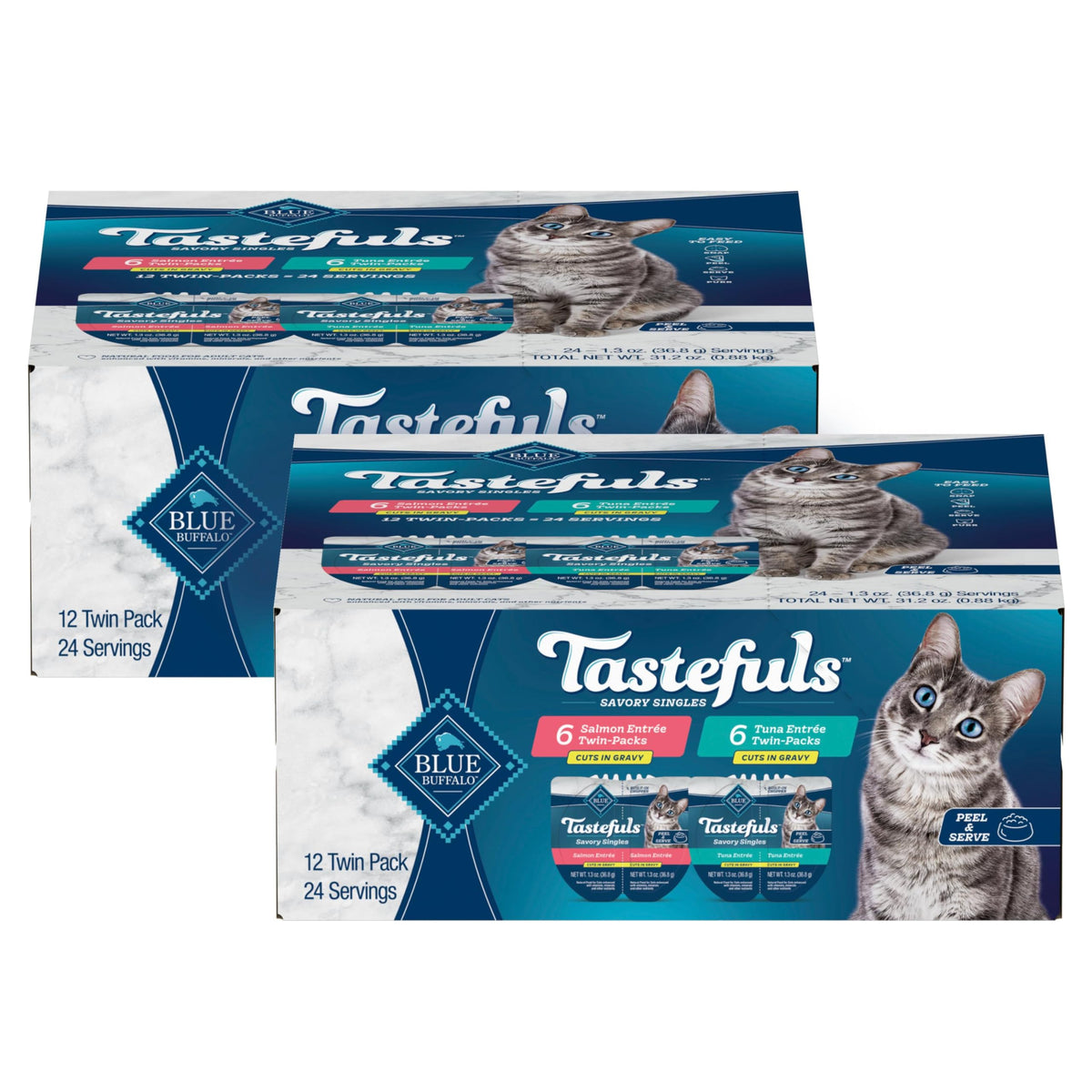 Blue Buffalo Tastefuls salmon in gravy tray supports hydration with real fish first.