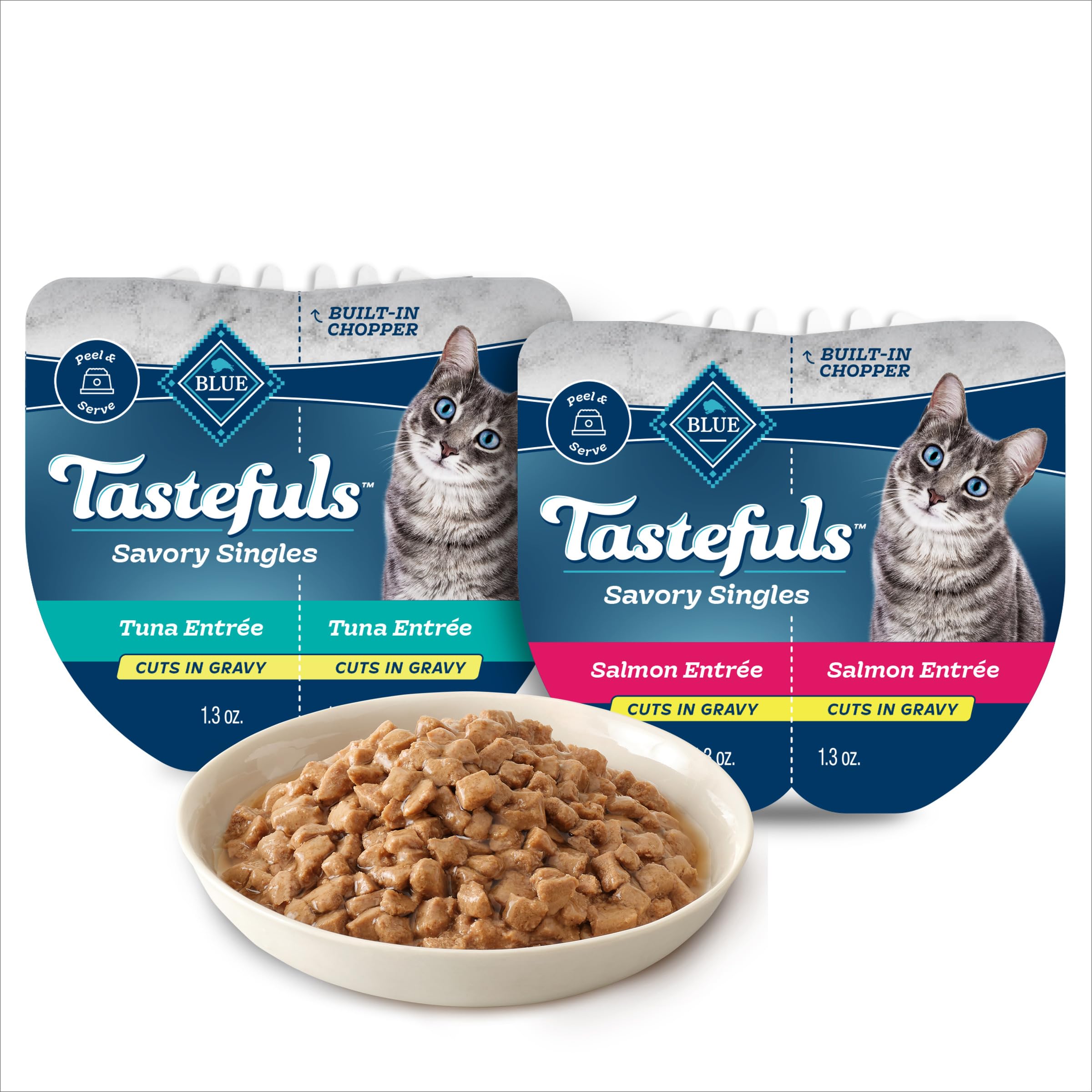 Blue Buffalo Tastefuls Salmon Tray 2.6 oz with gravy to entice picky eaters.