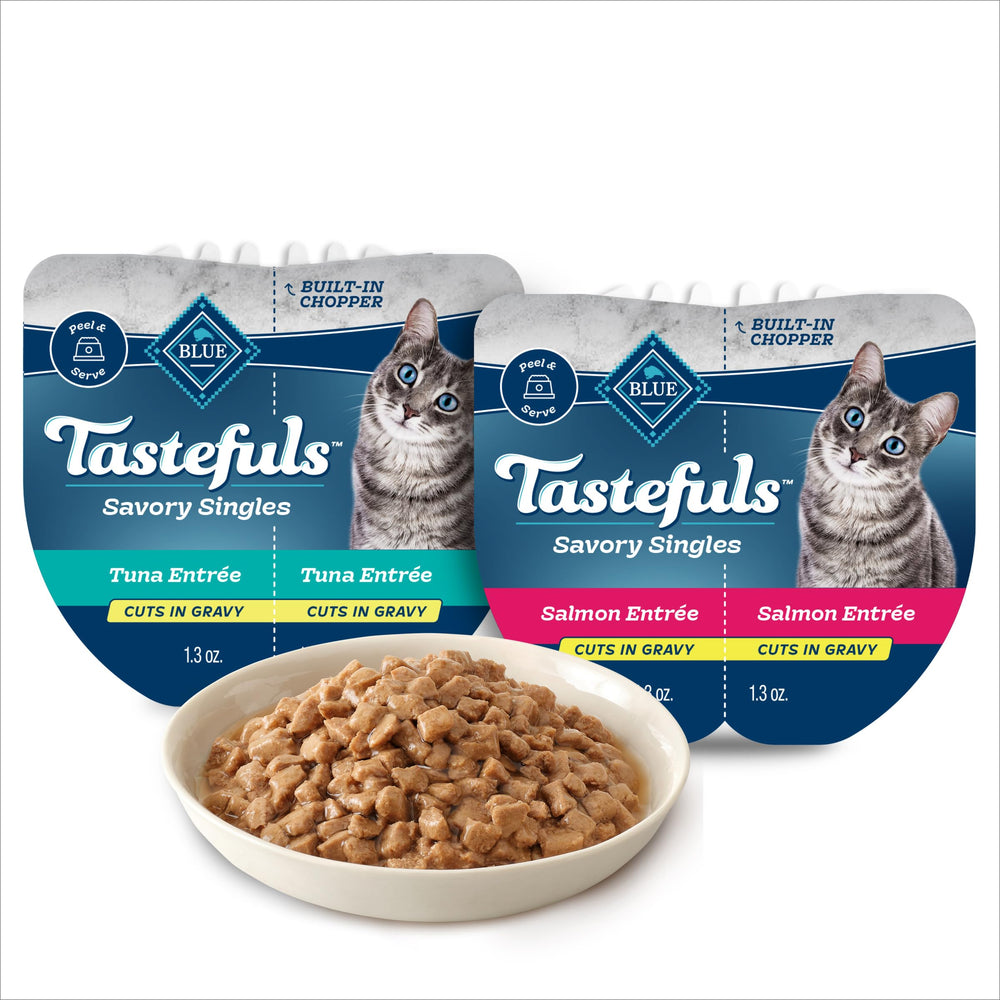 Blue Buffalo Tastefuls Salmon Tray 2.6 oz with gravy to entice picky eaters.