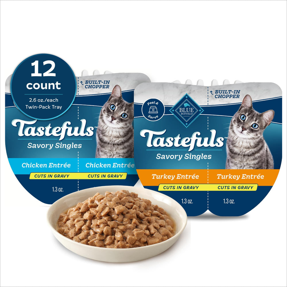 Blue Buffalo Tastefuls Savory Singles cups show convenient, mess-free feeding for busy cat owners.