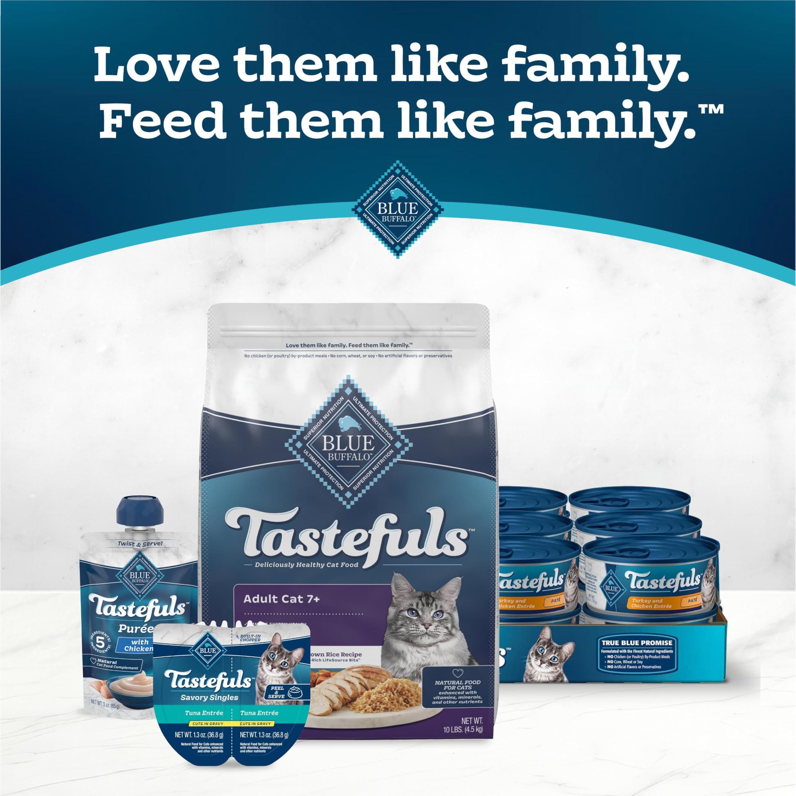 Blue Buffalo Tastefuls senior cat serving suggestion on placemat