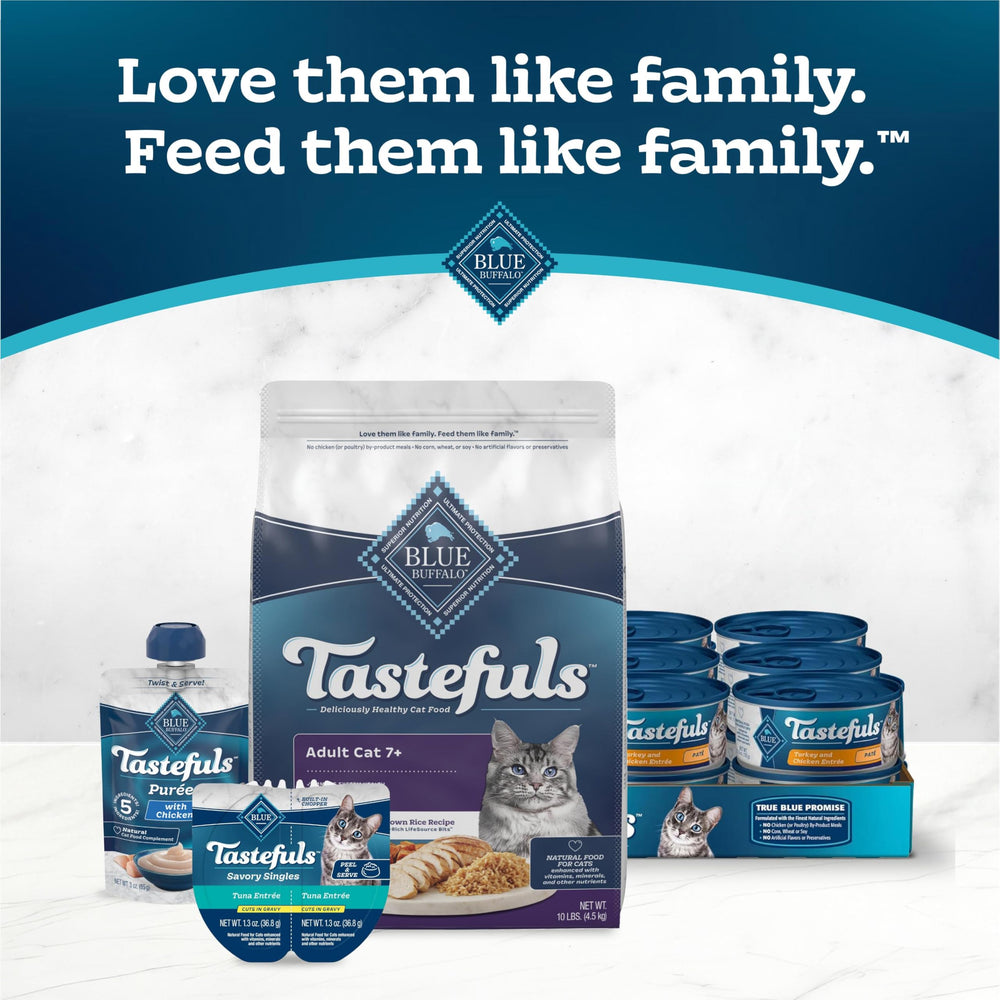 Blue Buffalo Tastefuls senior cat serving suggestion on placemat