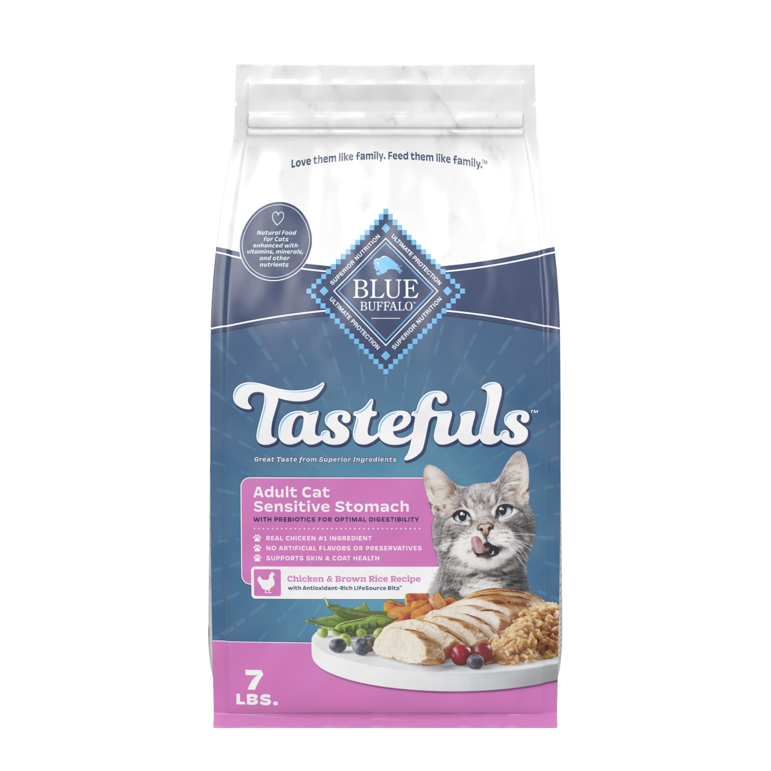 Blue Buffalo Tastefuls packaging showing chicken-first recipe for gentle digestion