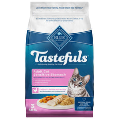 Blue Buffalo Tastefuls sensitive stomach formula with real chicken first for gentle digestion in adult cats.
