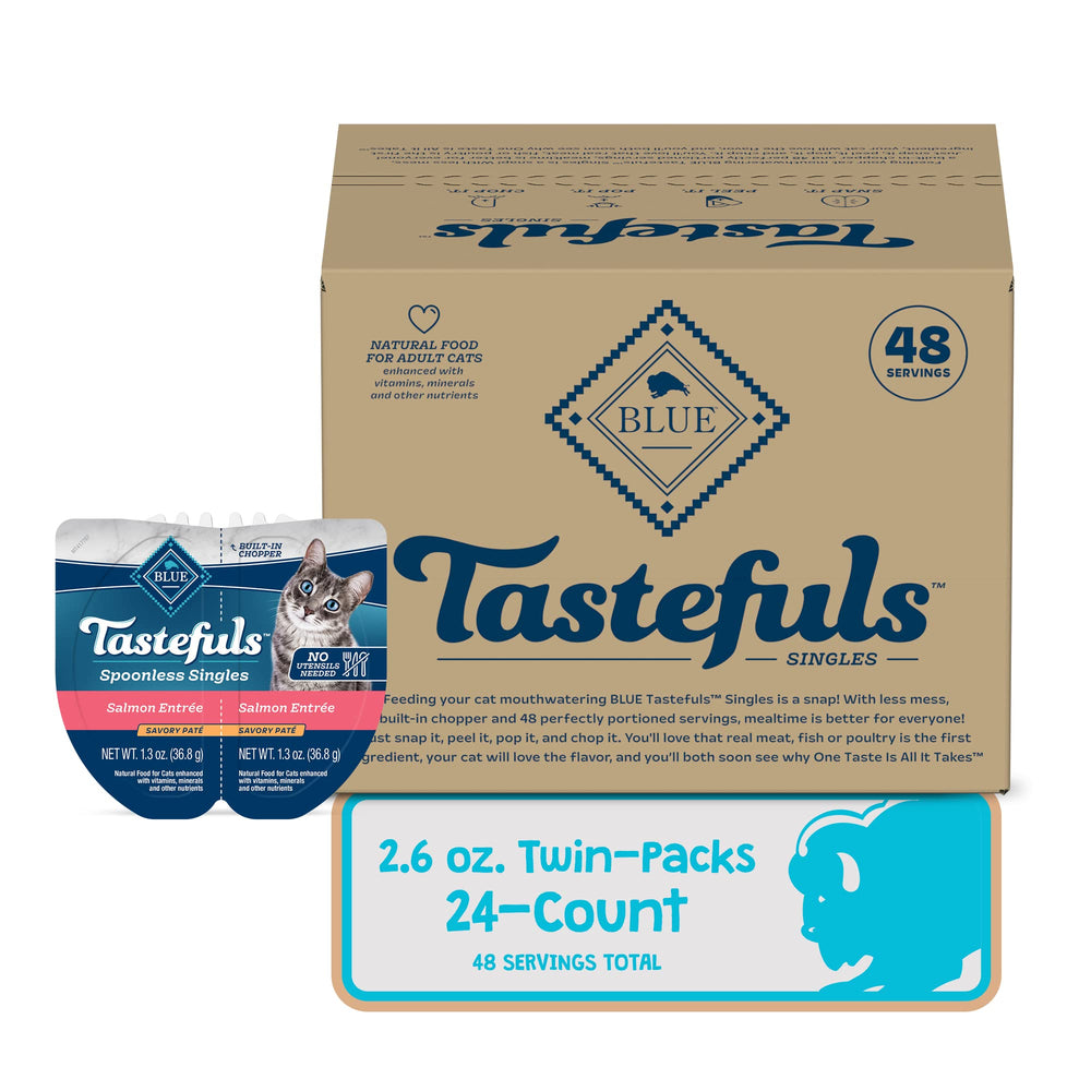 Blue Buffalo Tastefuls silky paté texture highlights salmon flavor for easy serving.