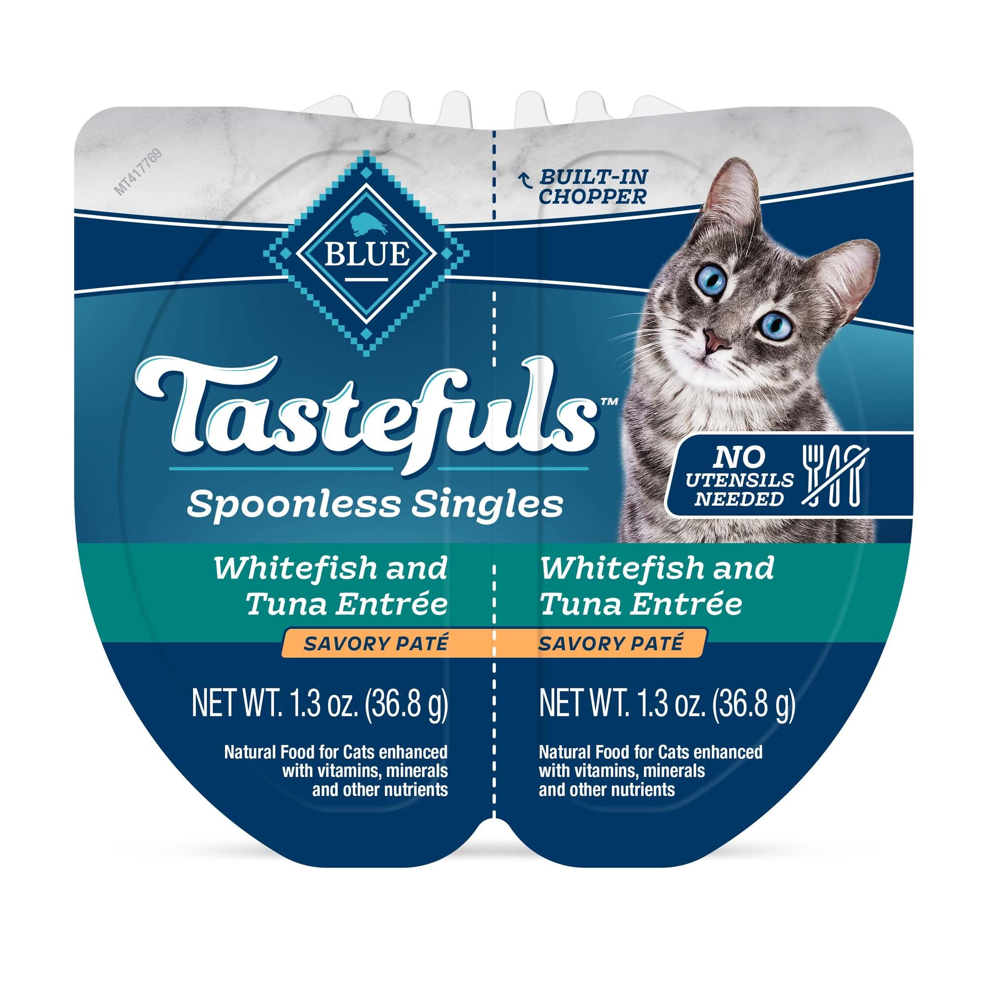 Blue Buffalo Tastefuls Spoonless Singles built-in chopper enables quick, utensil-free serving.