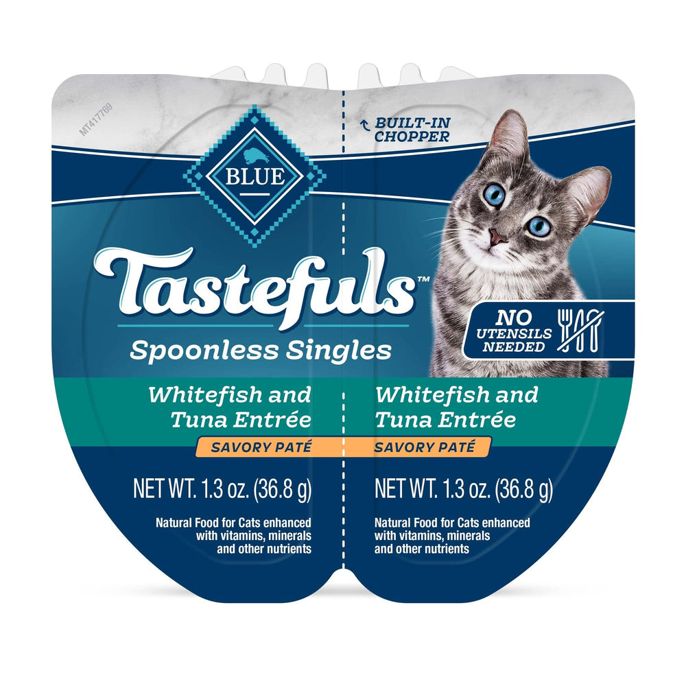 Blue Buffalo Tastefuls Spoonless Singles built-in chopper enables quick, utensil-free serving.