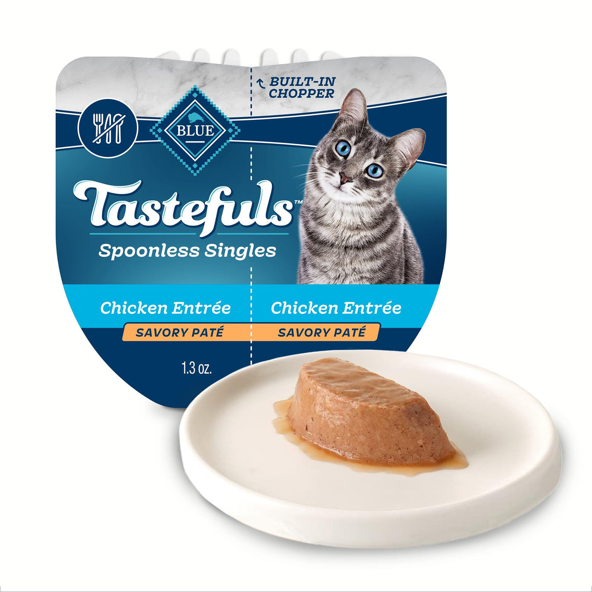 Blue Buffalo Tastefuls chicken pate cups show real chicken as the first ingredient for meals