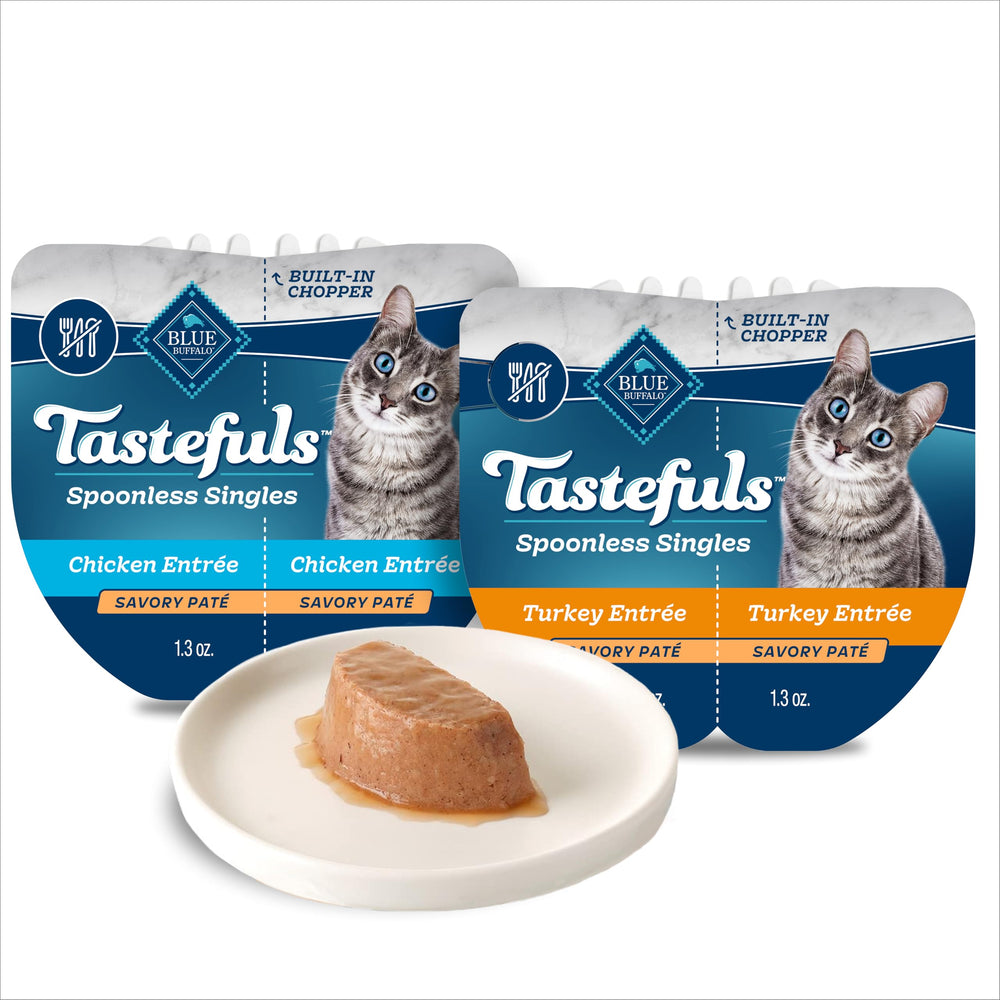 Blue Buffalo Tastefuls spoonless cups packaging for easy, mess-free portioning at mealtime.