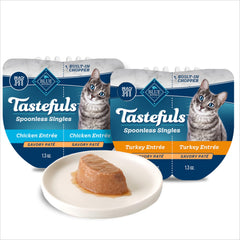 Blue Buffalo Tastefuls spoonless cups packaging for easy, mess-free portioning at mealtime.