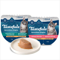 Blue Buffalo Tastefuls Spoonless Singles cups with whitefish and tuna for easy, palatable meals.