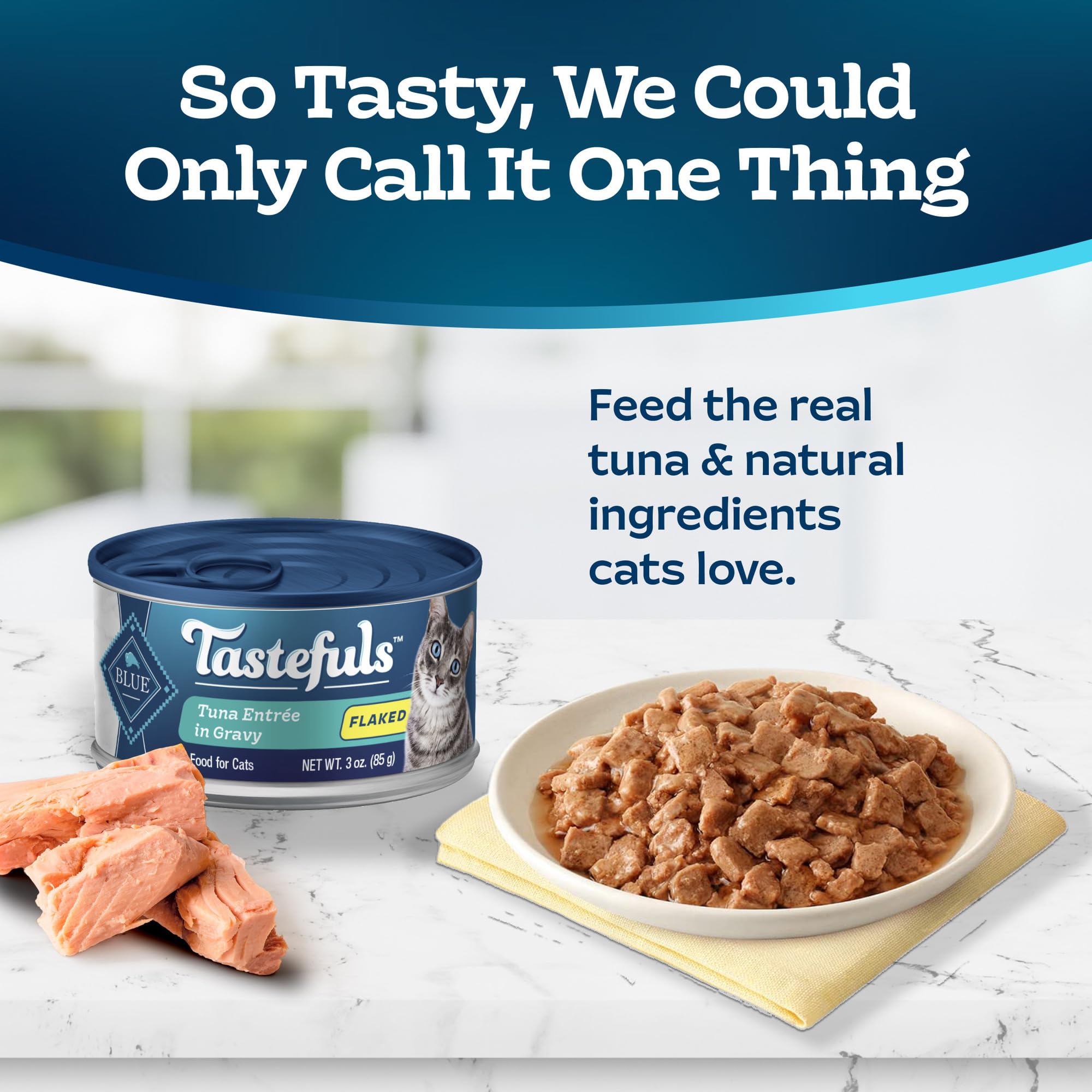 Blue Buffalo Tastefuls tuna flaked wet cat food gravy shot suggests high moisture for hydration.