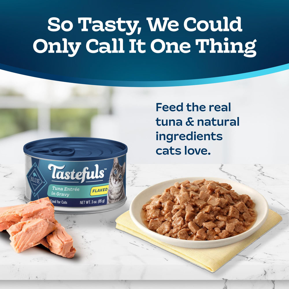 Blue Buffalo Tastefuls tuna flaked wet cat food gravy shot suggests high moisture for hydration.