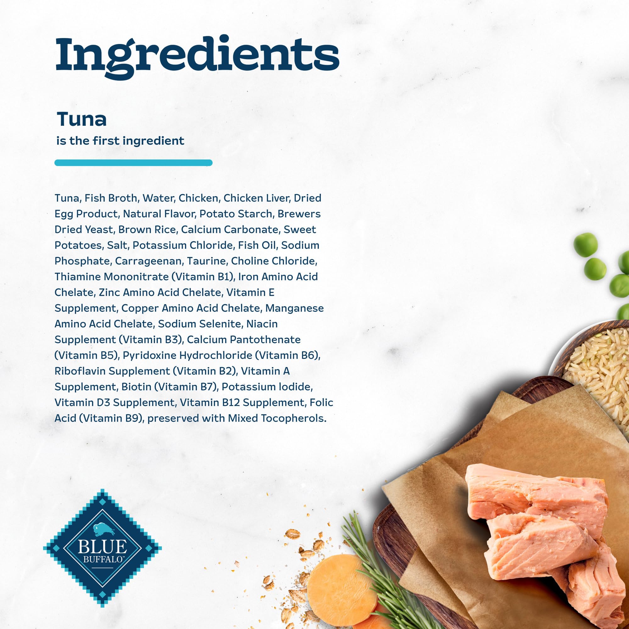 Blue Buffalo Tastefuls tuna flaked wet cat food ingredients list emphasizes protein-rich nutrition.