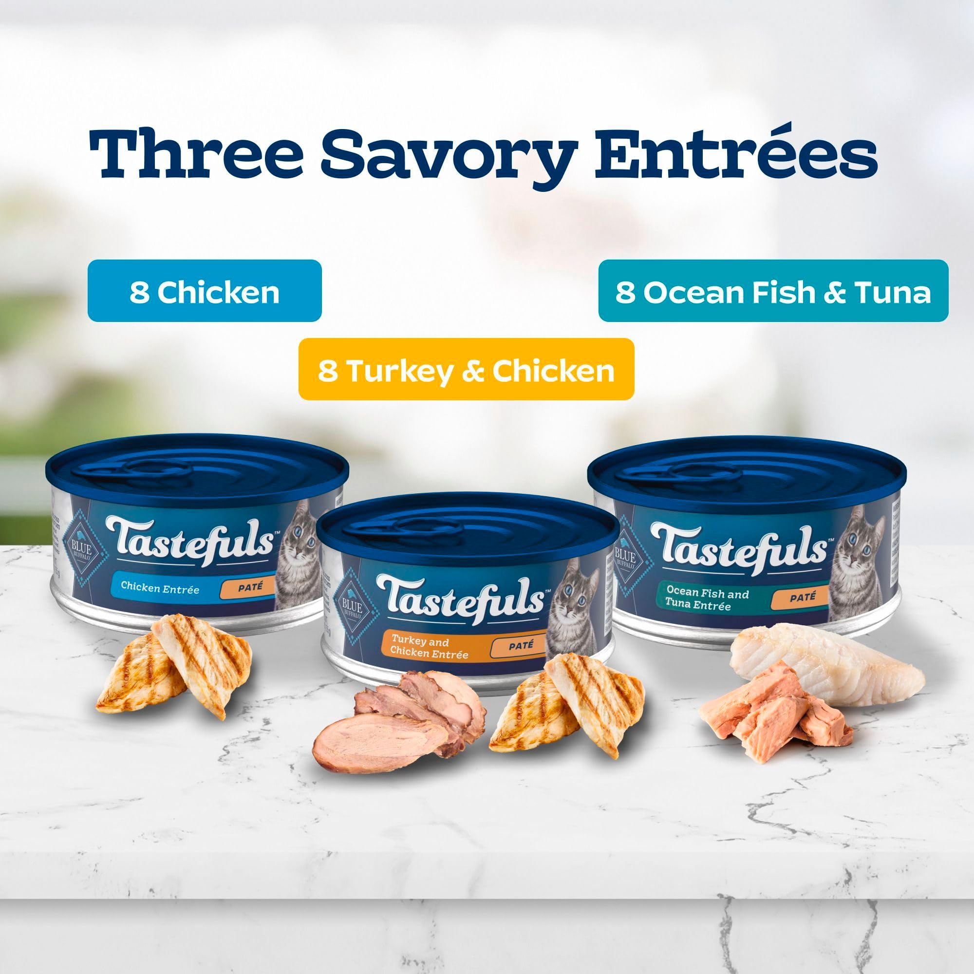 Blue Buffalo Tastefuls turkey and chicken pâté cans offer two flavor options for picky cats.