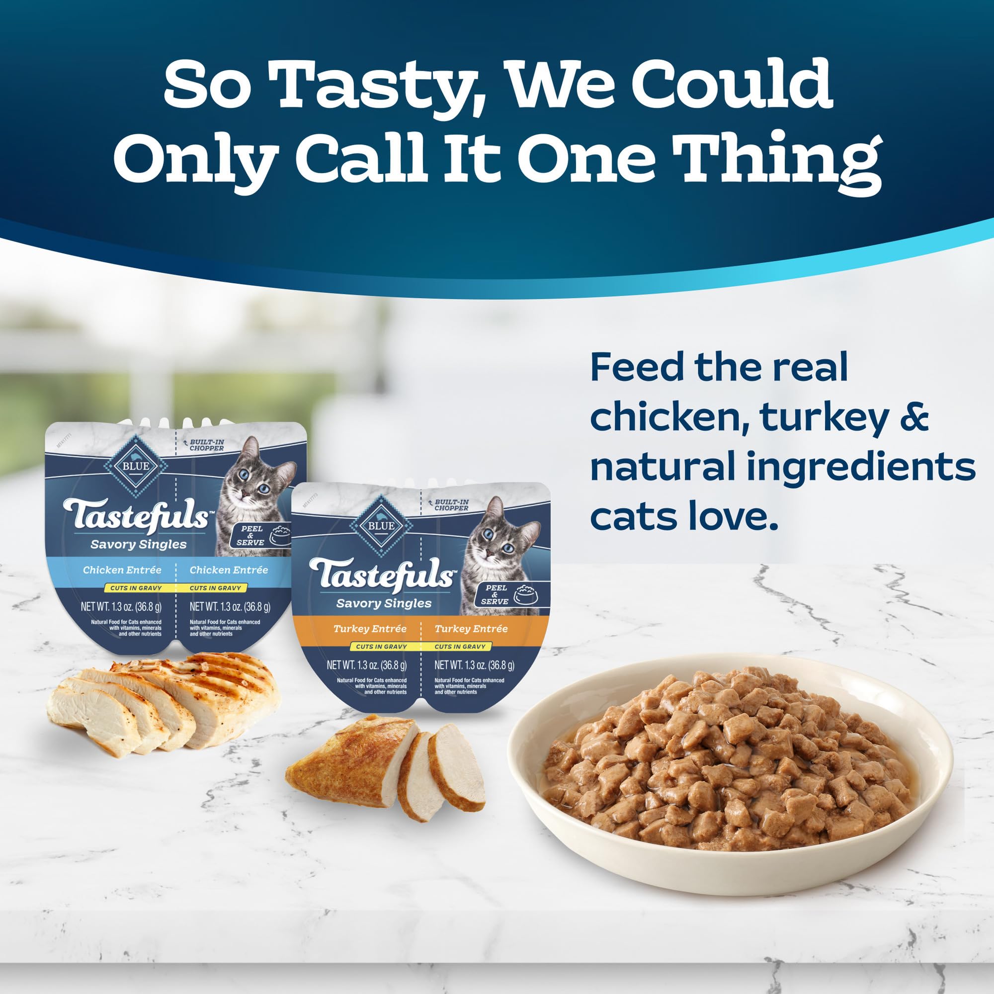 Blue Buffalo Tastefuls turkey entree cups provide palatable variety for feline meals.