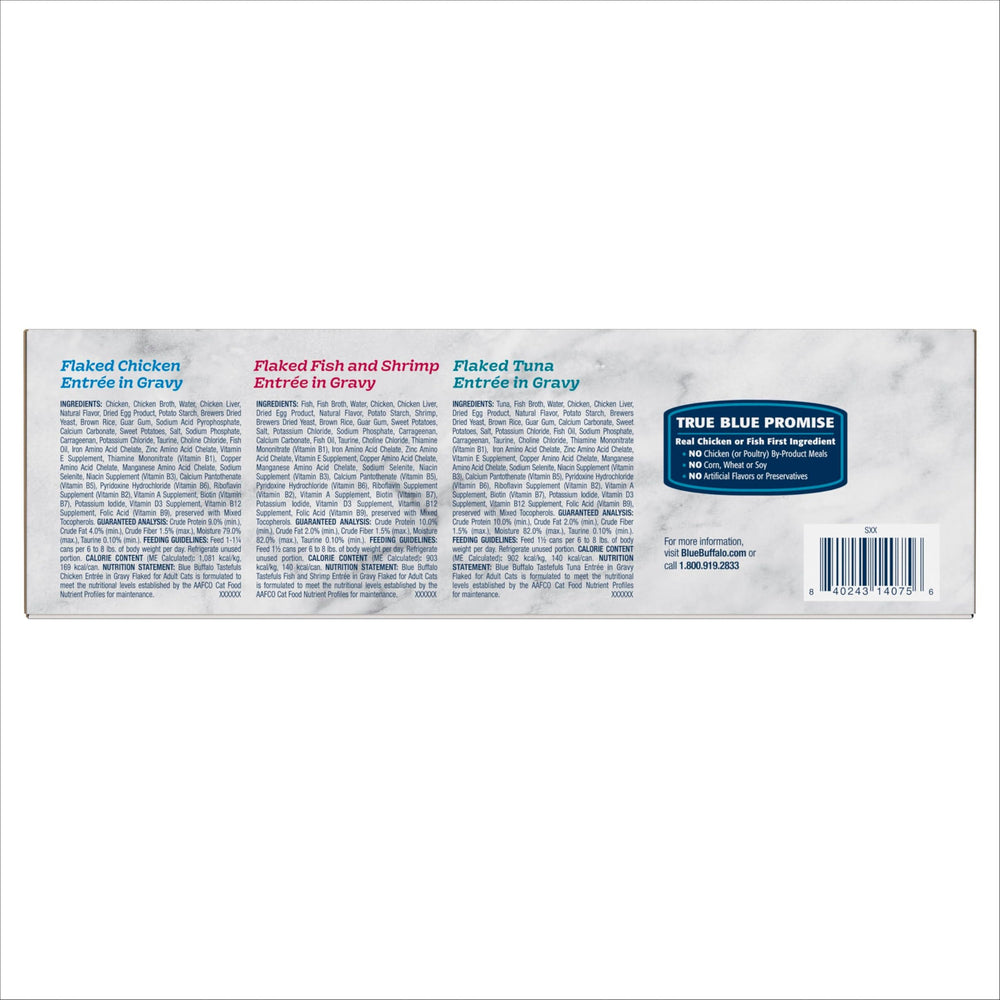 Blue Buffalo Tastefuls chicken flaked entrée in gravy offers savory texture for mealtime