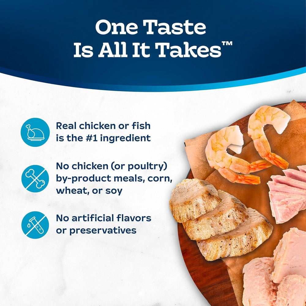 Blue Buffalo Tastefuls fish and shrimp can close-up emphasizes wholesome nutrition