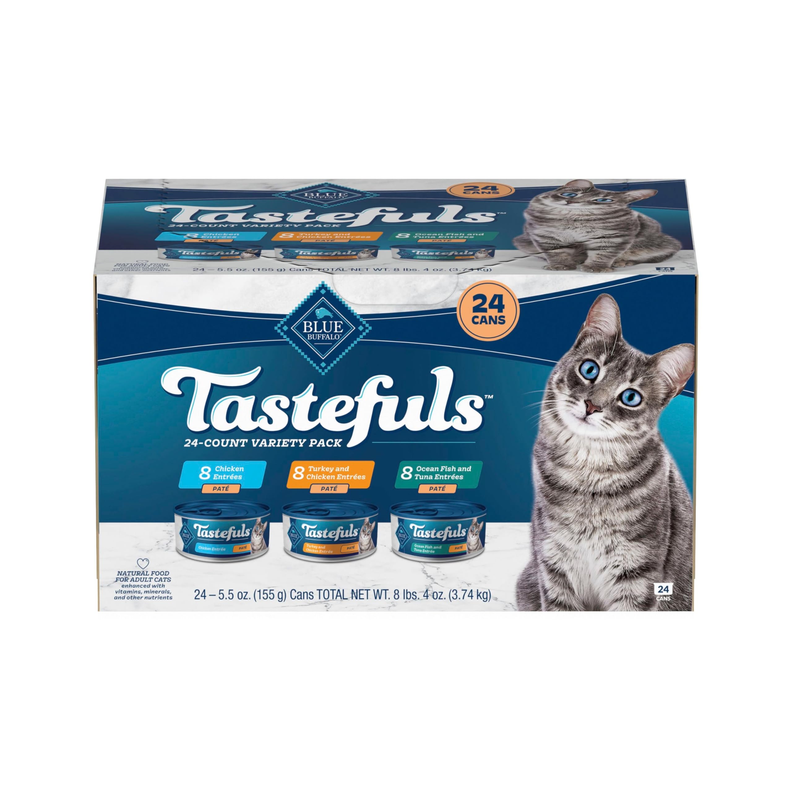 Blue Buffalo Tastefuls variety-pack front label showing three savory pâté entrées.
