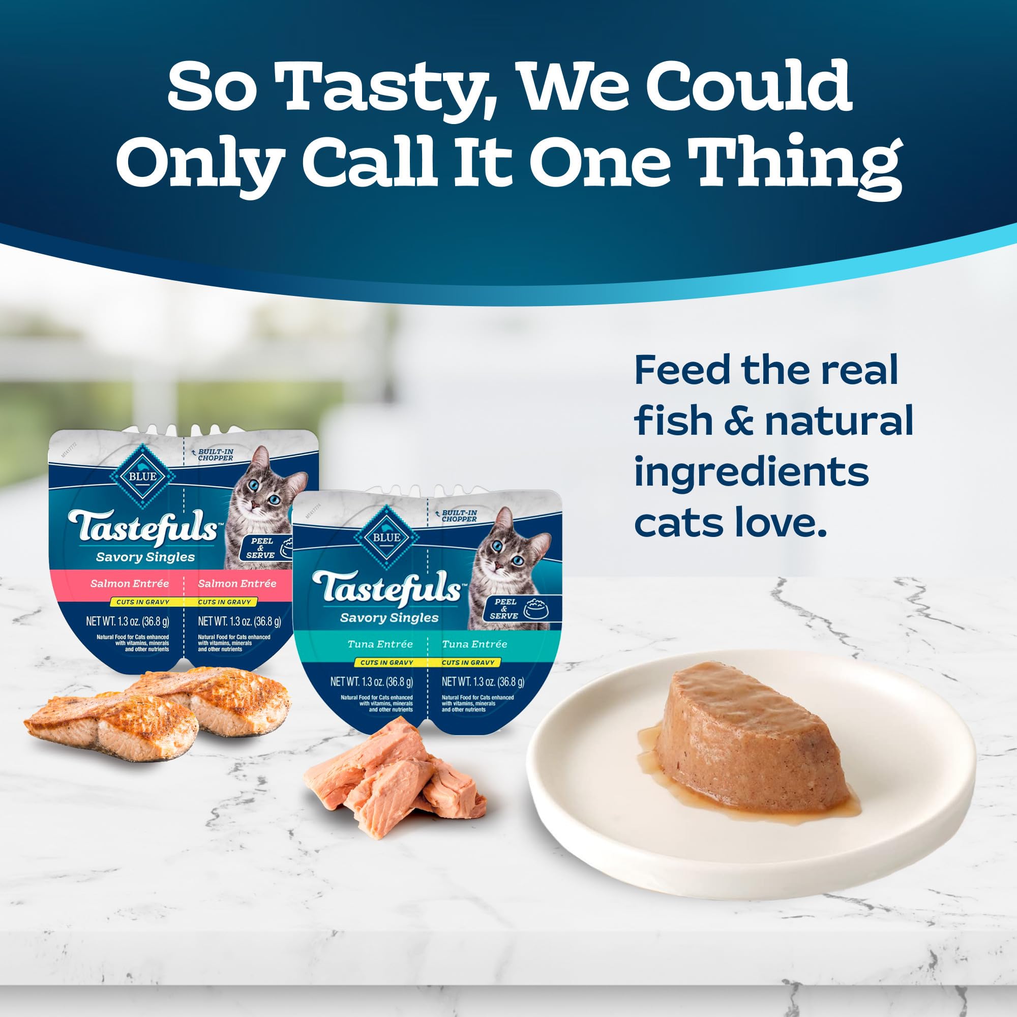 Blue Buffalo Tastefuls Variety Pack Front view shows salmon and tuna entrees.