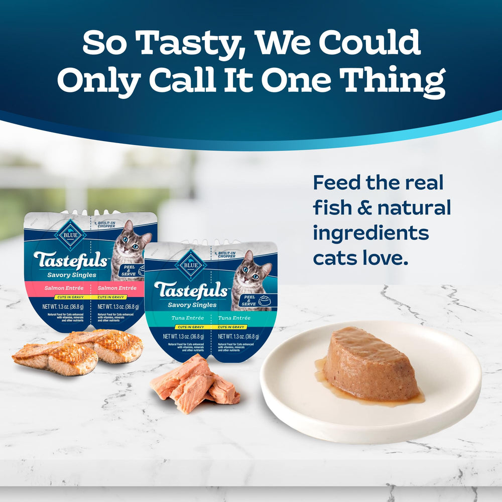 Blue Buffalo Tastefuls Variety Pack Front view shows salmon and tuna entrees.