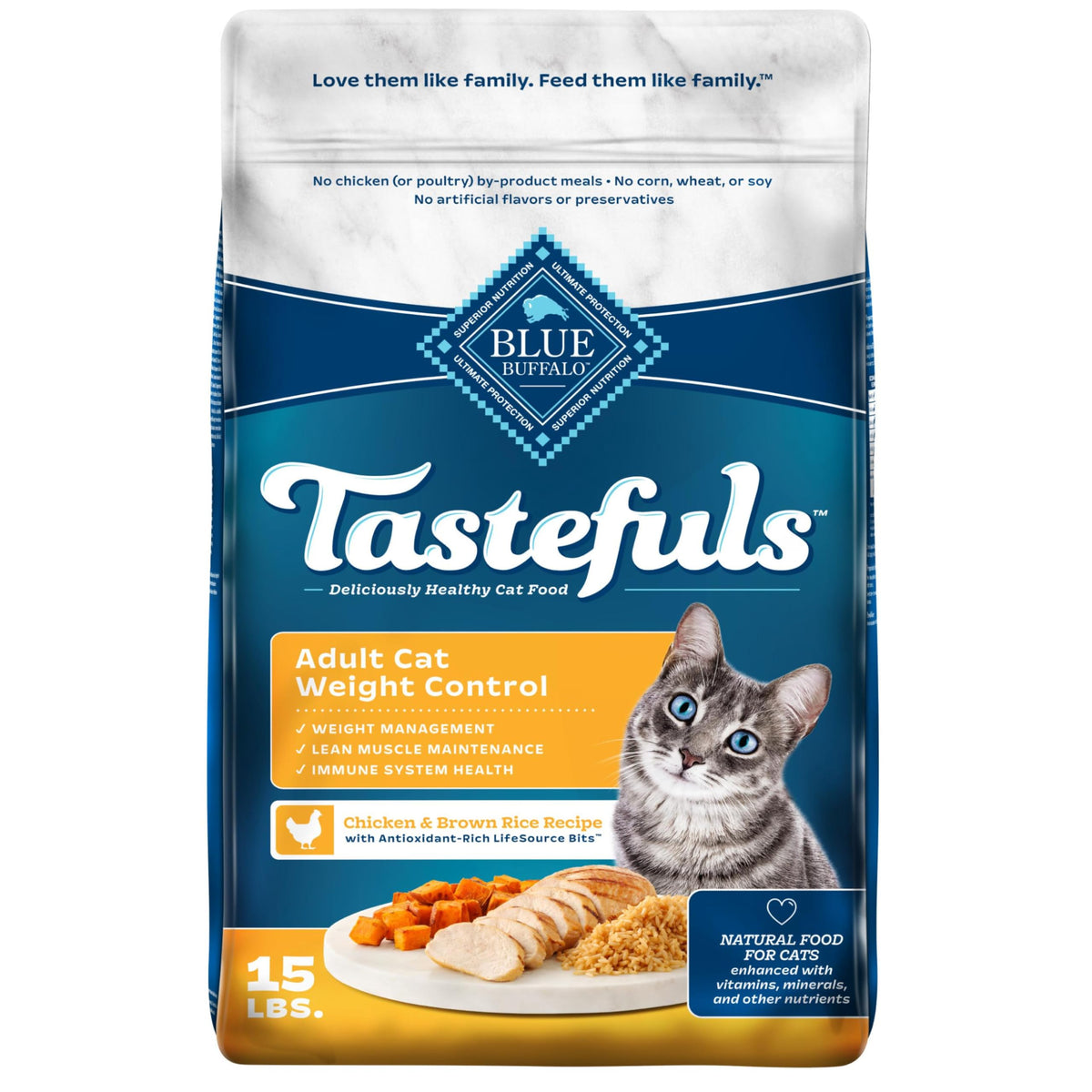 Blue Buffalo Tastefuls weight-control bag exterior label supports weight management